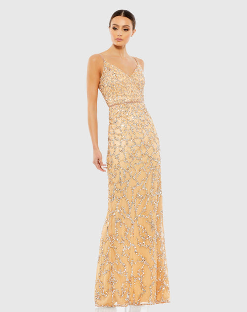 Sleeveless V-Neck Beaded Column Gown