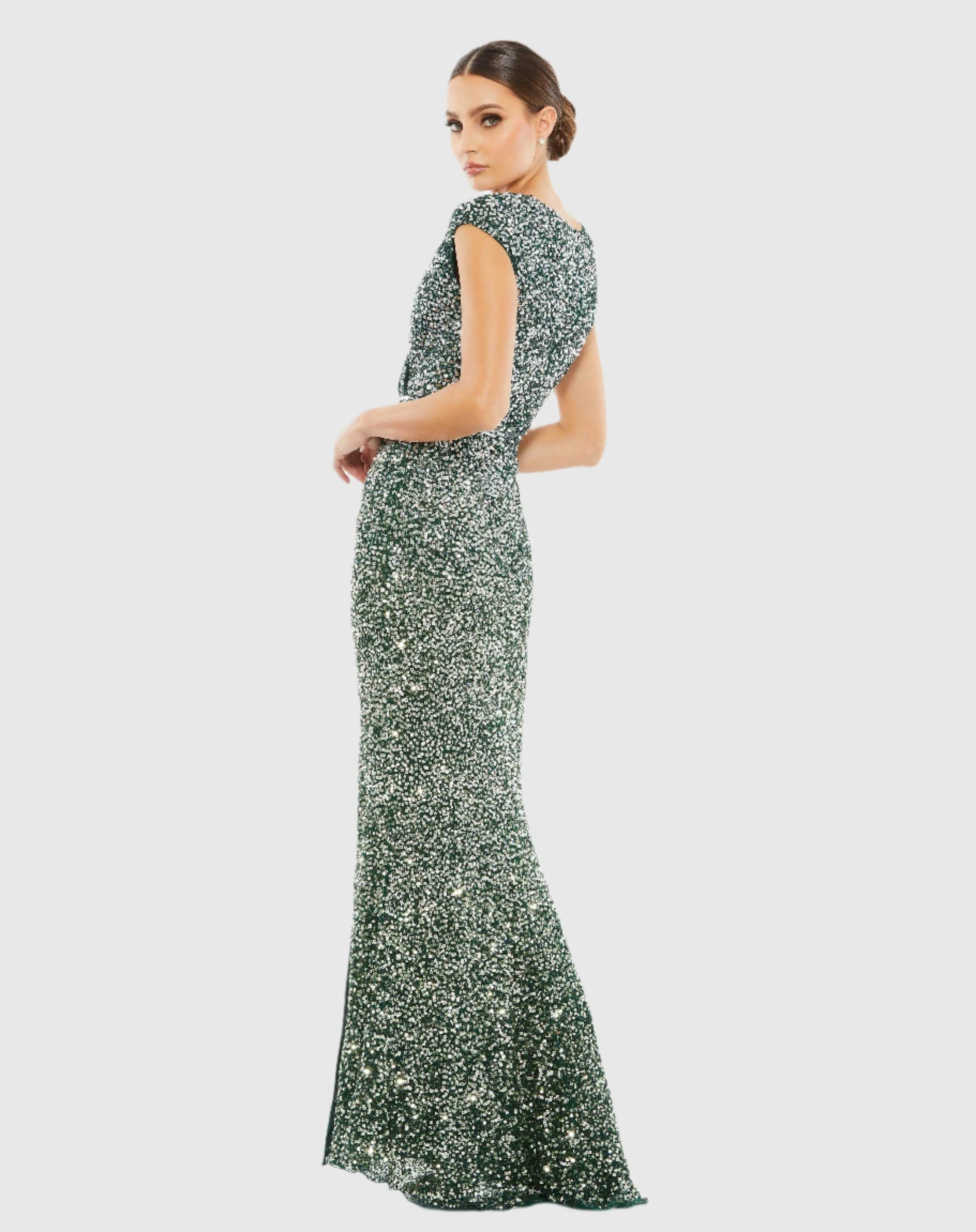 Green Cap Sleeve Sequined High Slit Gown - Mac Duggal