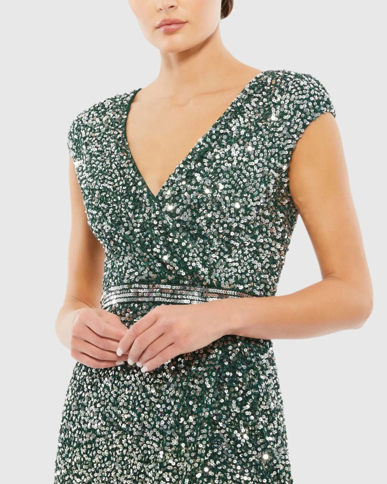 Green Cap Sleeve Sequined High Slit Gown - Mac Duggal