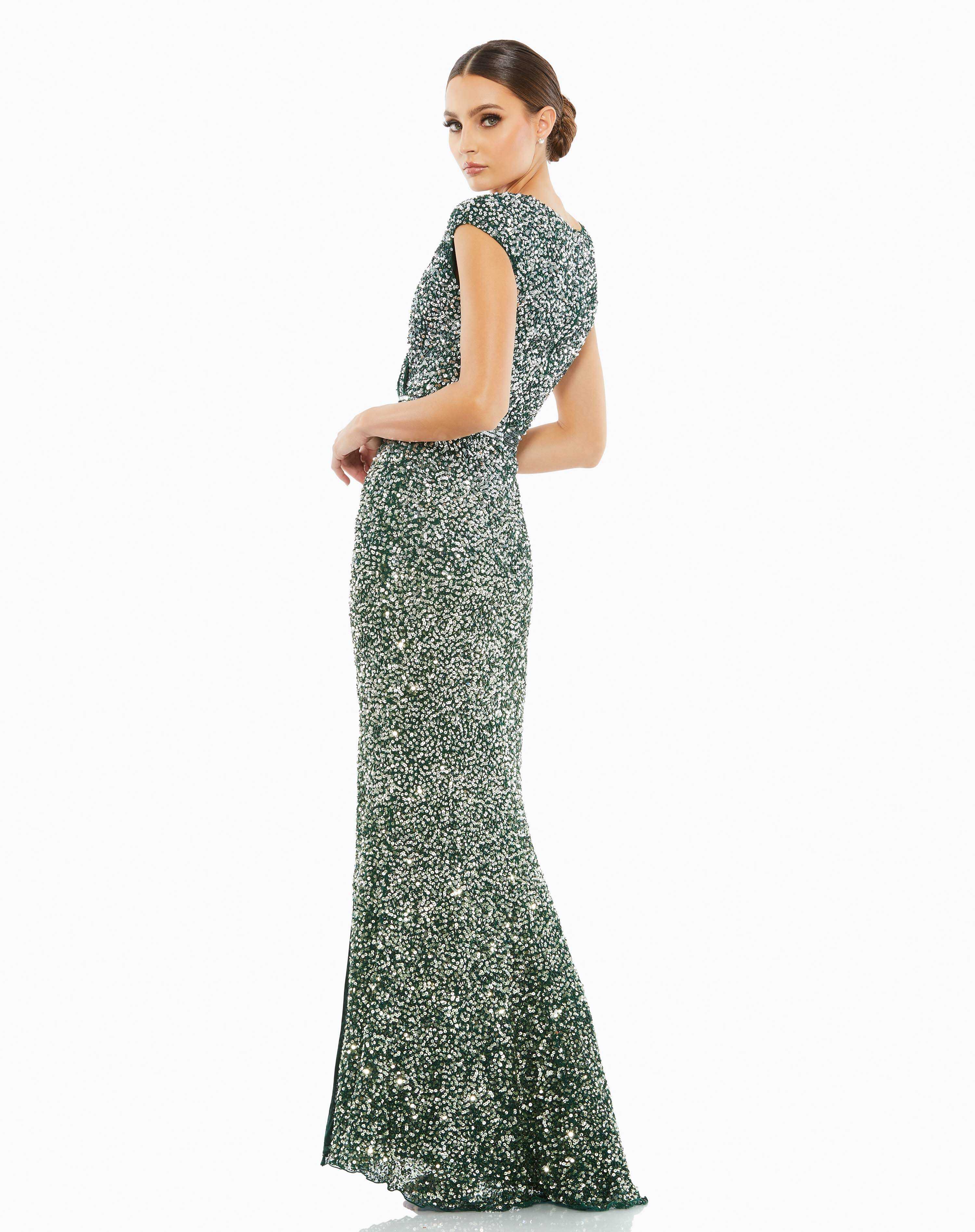 Cap Sleeve Sequined High Slit Gown