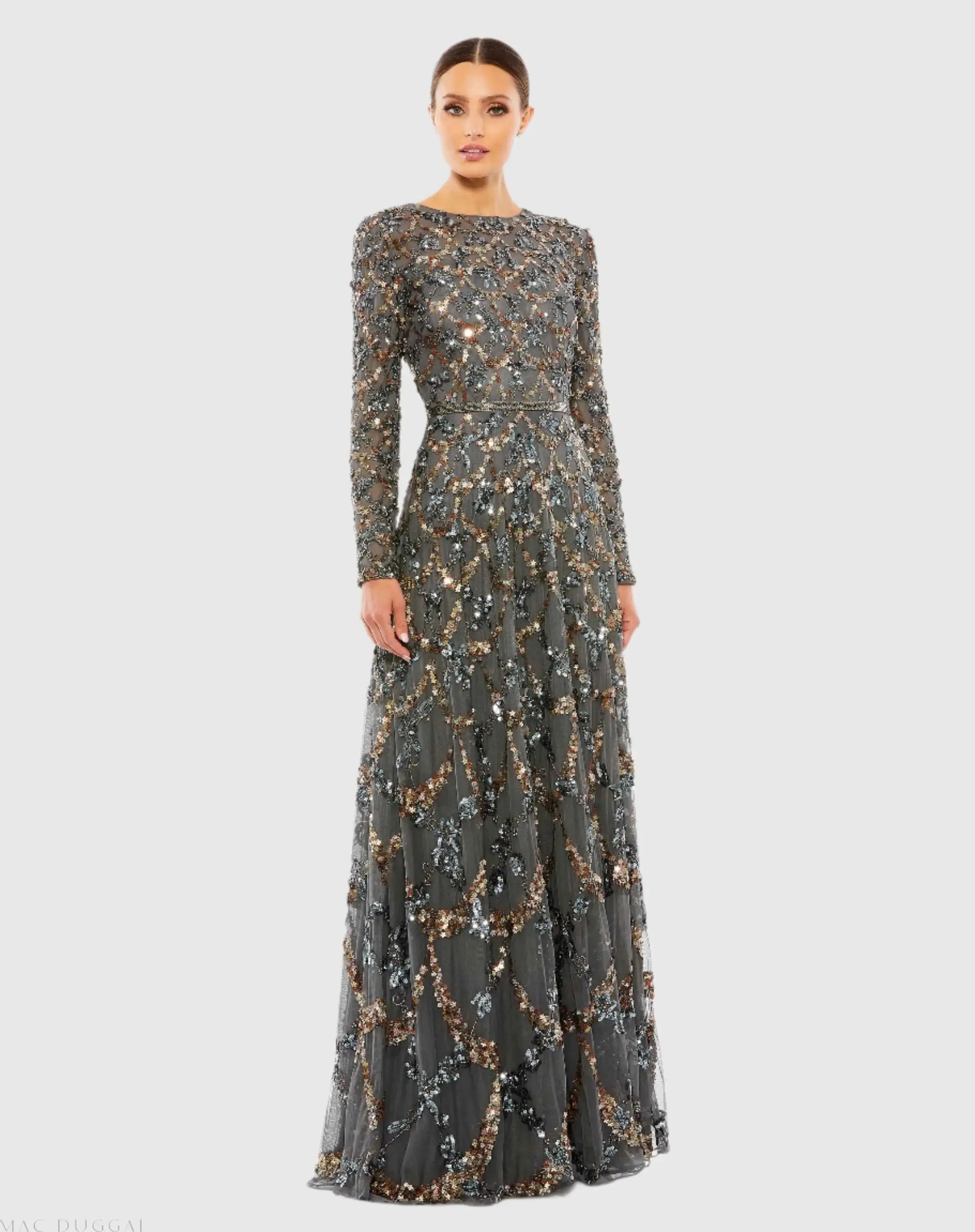 Gray Embellished Illusion High Neck Long Sleeve A Line Gown - Mac Mac Duggal Gray Embellished Illusion High Neck Long Sleeve A Line Gown - Mac Mac Duggal