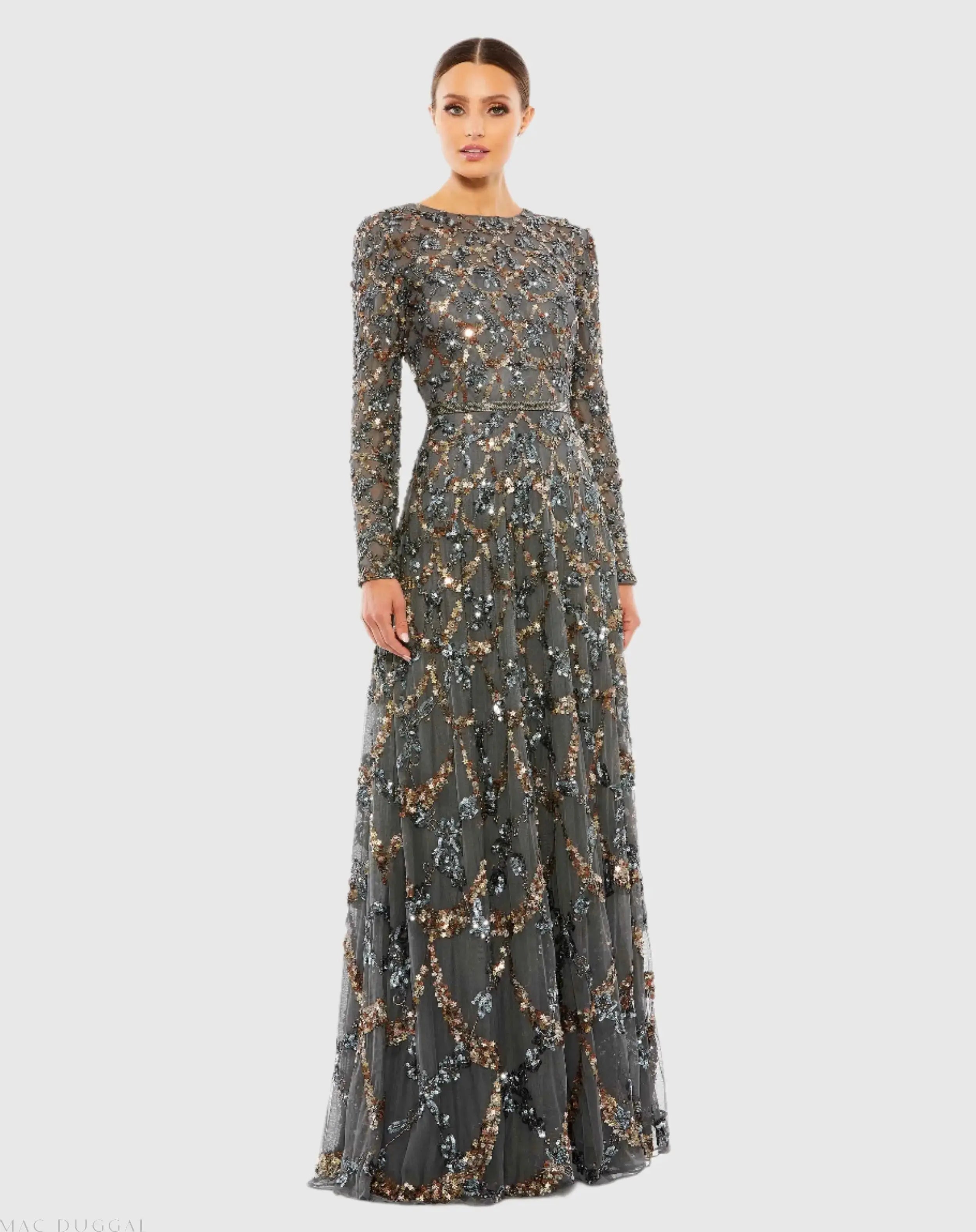Black Boat Neck Sequin Embellished Long Sleeve A Line Gown | Mac Duggal Black Boat Neck Sequin Embellished Long Sleeve A Line Gown | Mac Duggal