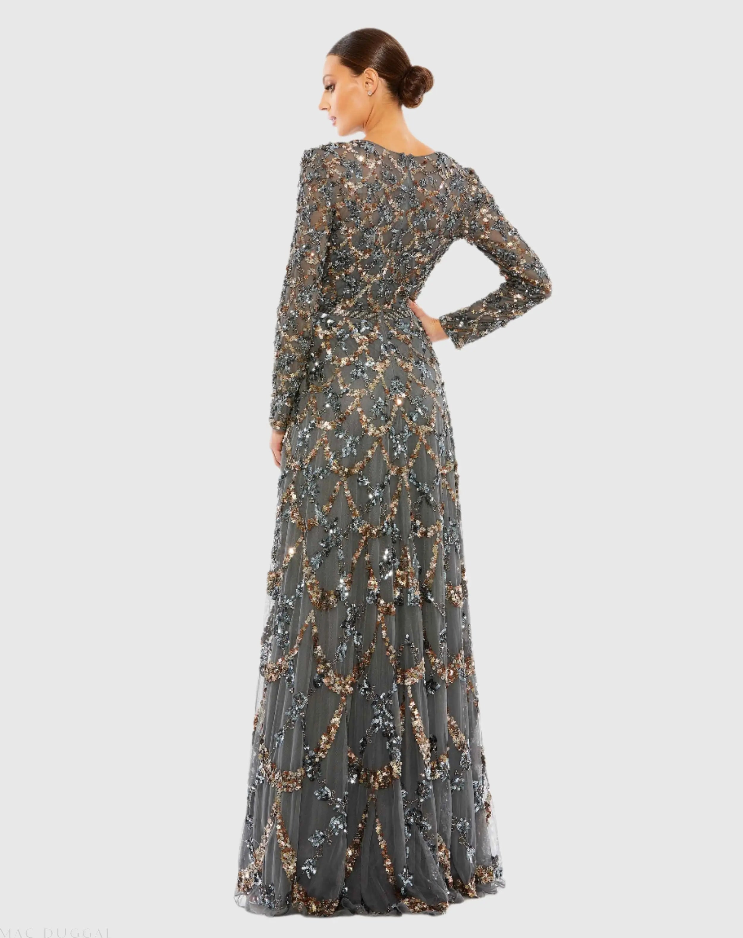 Gray Embellished Illusion High Neck Long Sleeve A Line Gown - Mac Duggal