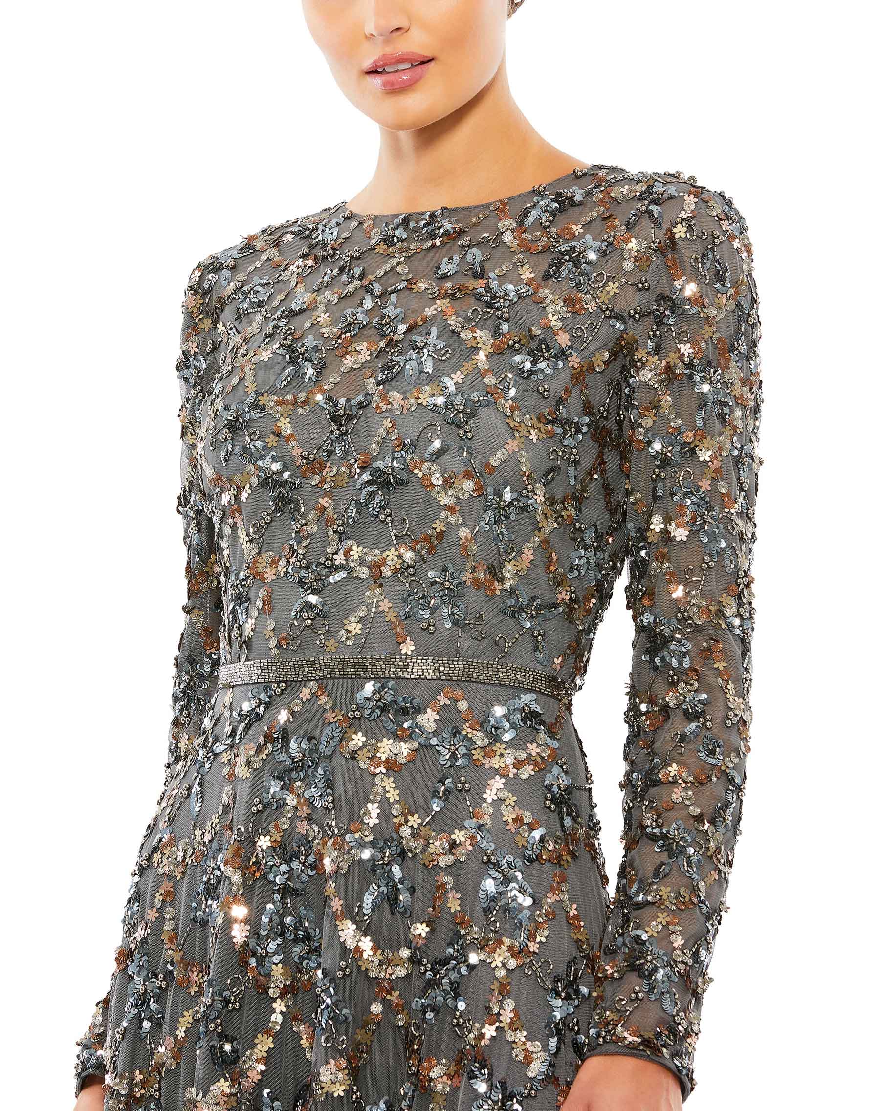 Embellished Illusion High Neck Long Sleeve A Line Gown