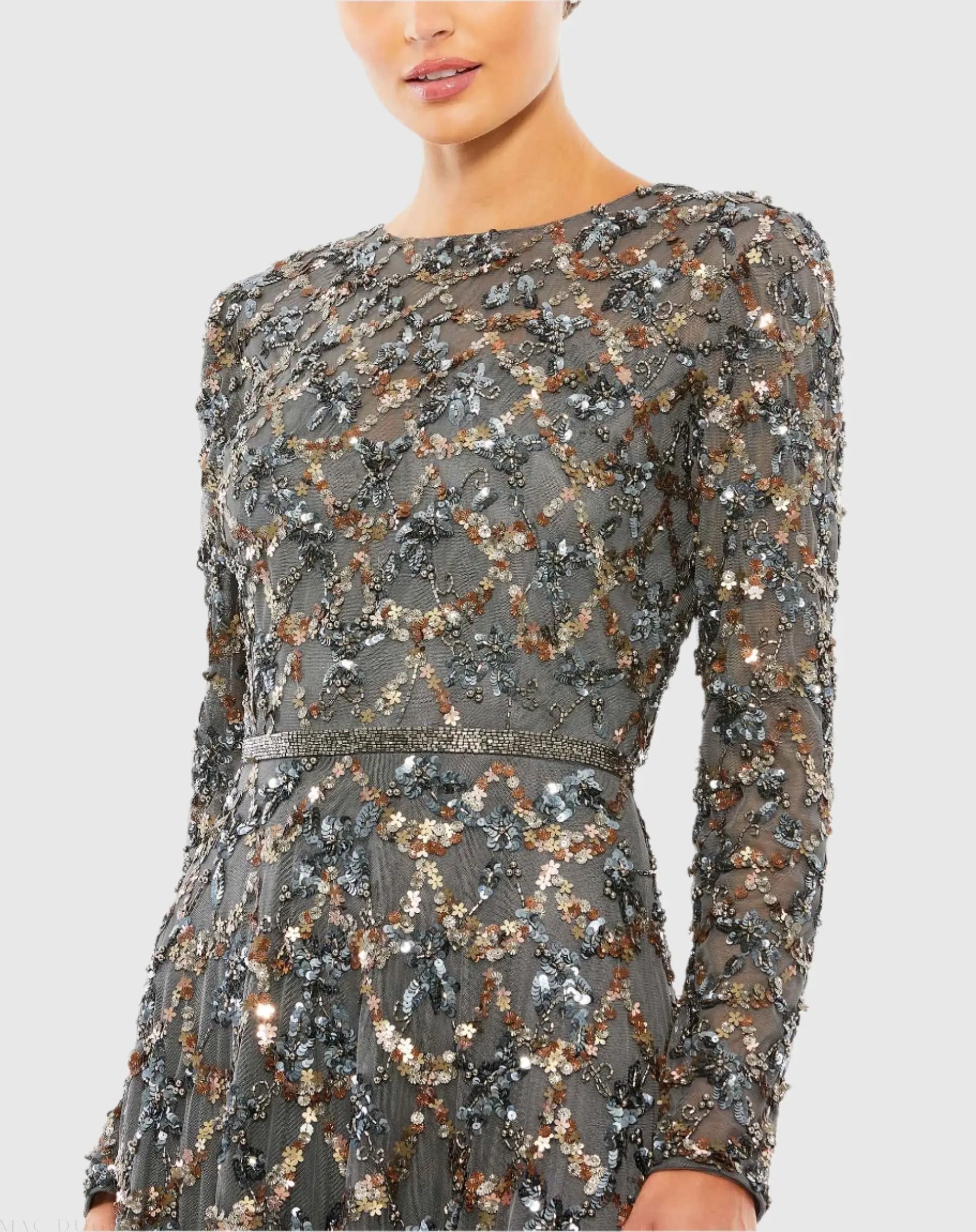 Mac Duggal - Gray Embellished Illusion High Neck Long Sleeve A Line Gown - US 12 Mac Duggal - Gray Embellished Illusion High Neck Long Sleeve A Line Gown - US 12