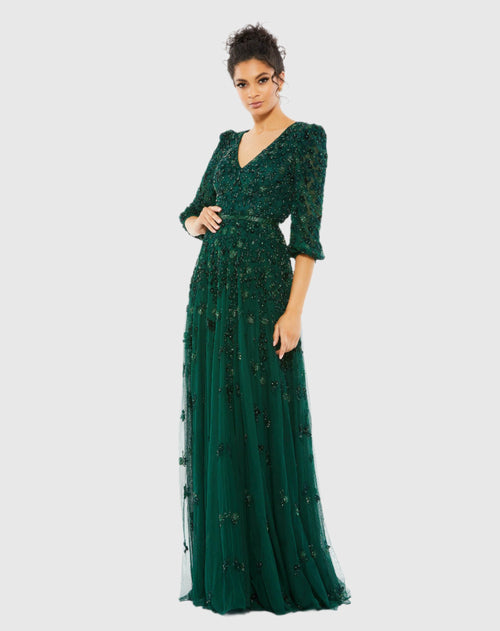 Embellished V Neck 3/4 Sleeve A Line Gown