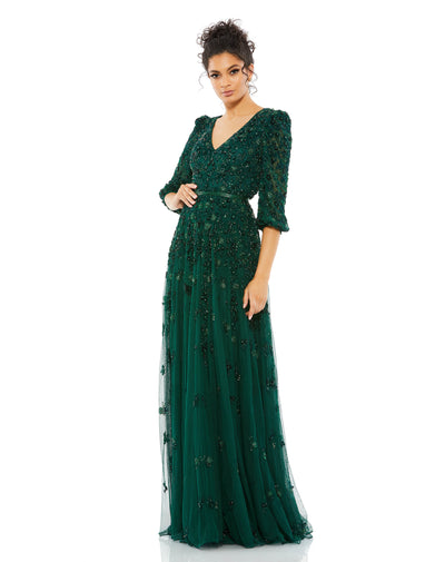 Embellished V Neck 3/4 Sleeve A Line Gown – Mac Duggal