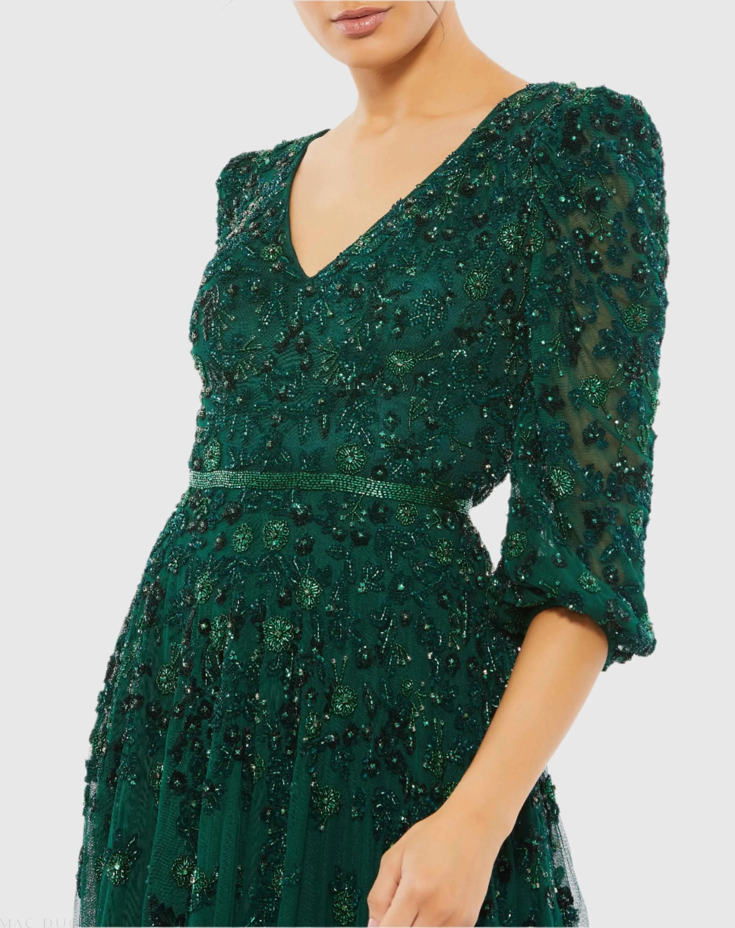 Green Embellished V Neck 3/4 Sleeve A Line Gown - Mac Duggal
