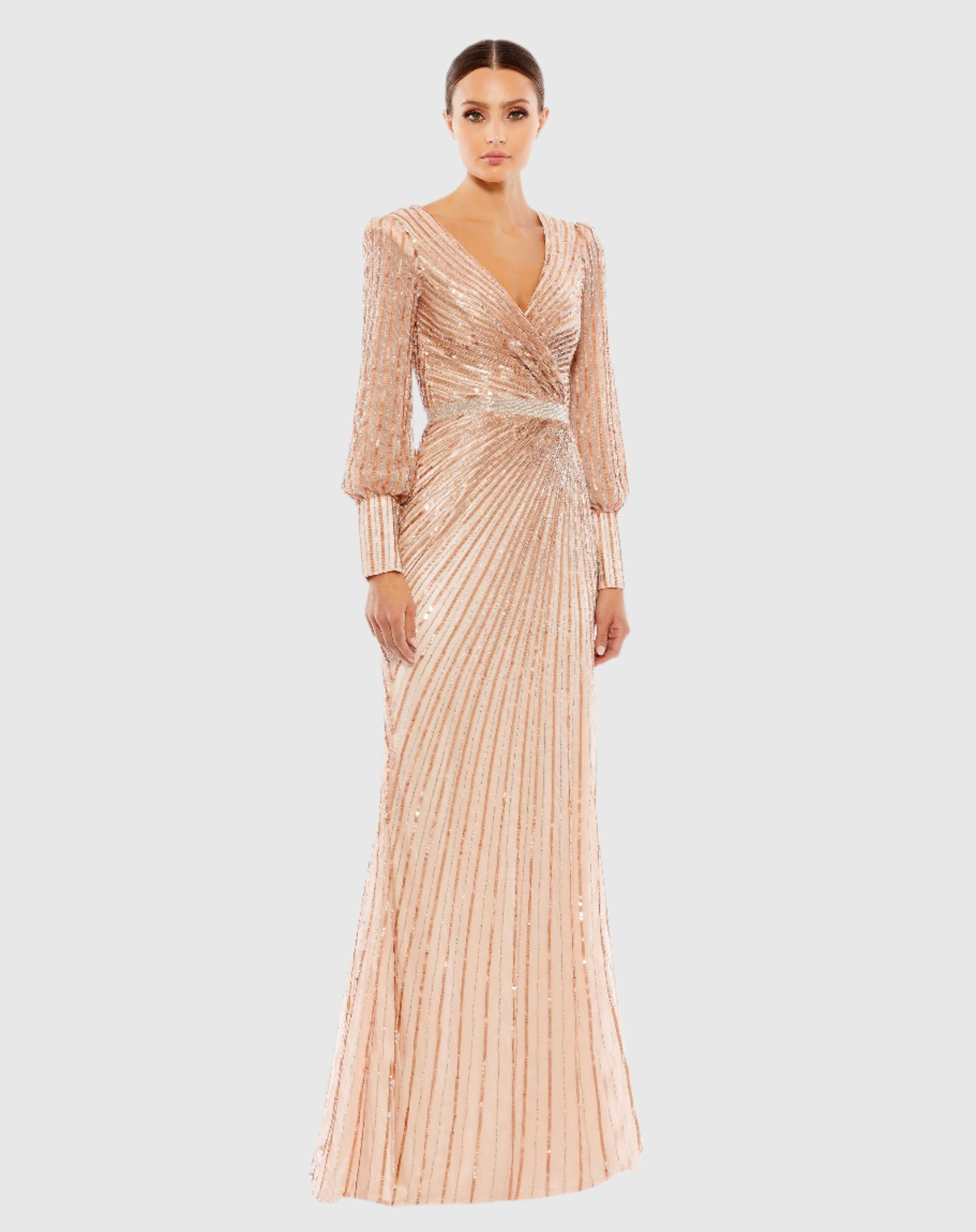 Sequined Wrap Over Bishop Sleeve Gown