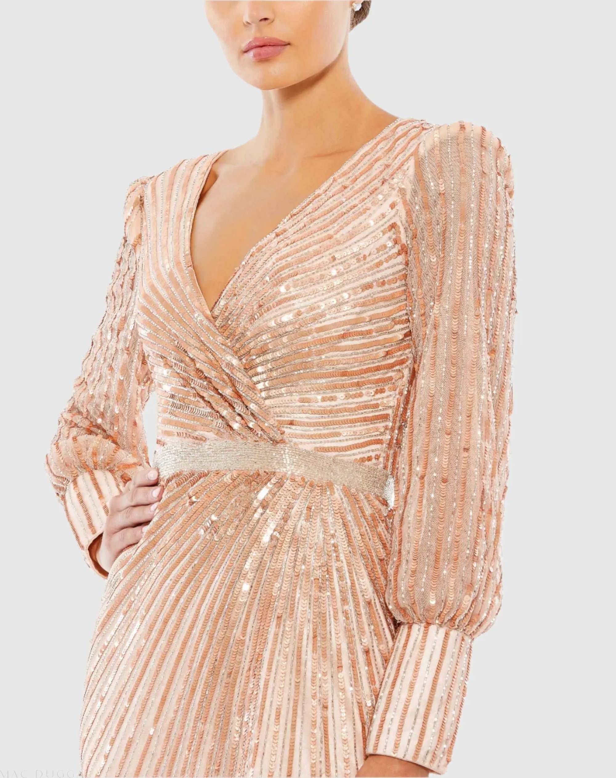 Pink Sequined Wrap Over Bishop Sleeve Gown - Mac Duggal
