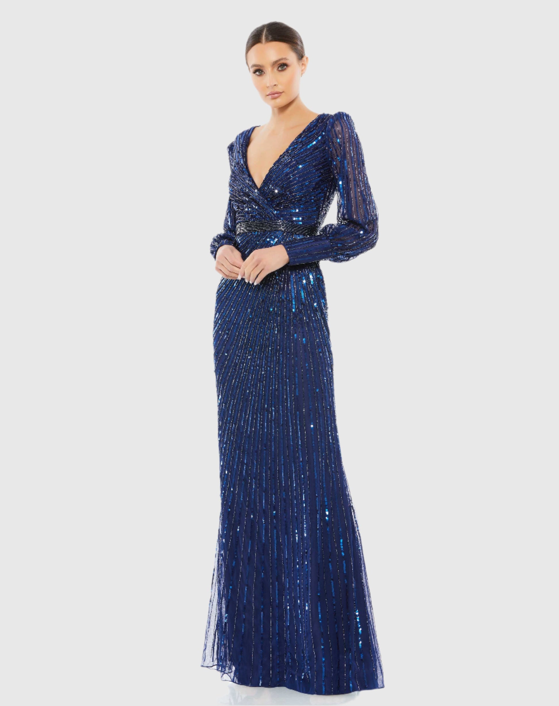 Sequined Wrap Over Bishop Sleeve Gown