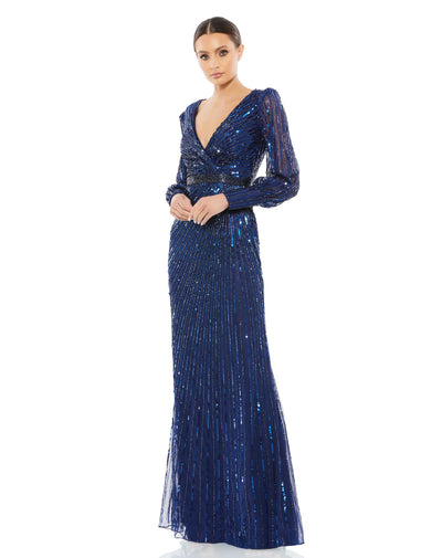 Sequined Wrap Over Bishop Sleeve Gown – Mac Duggal