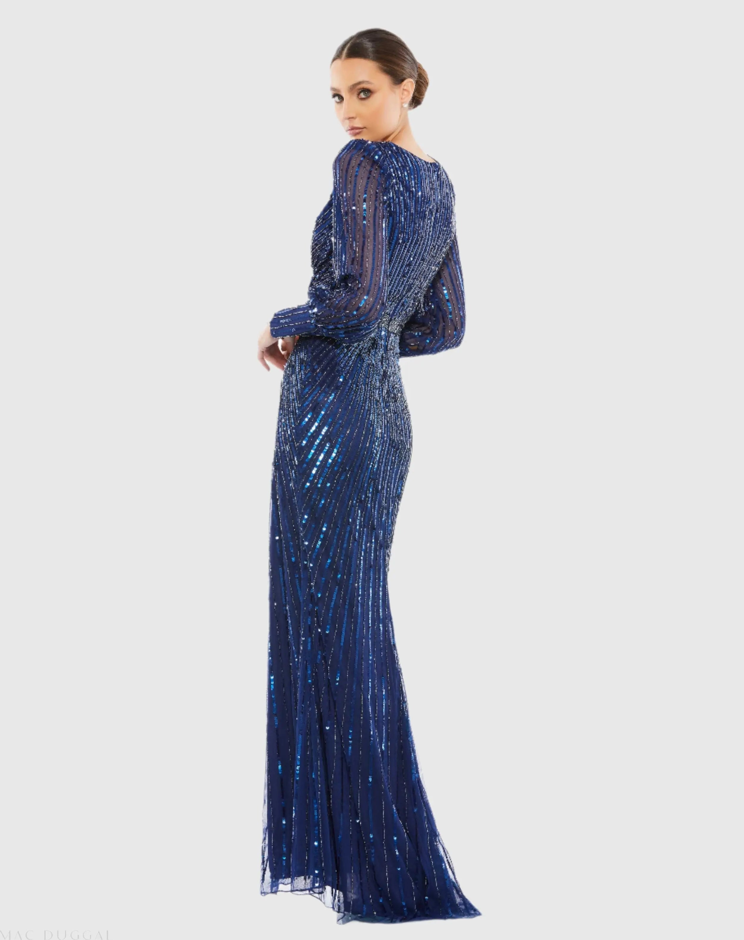 Navy Sequined Wrap Over Bishop Sleeve Gown - Mac Duggal