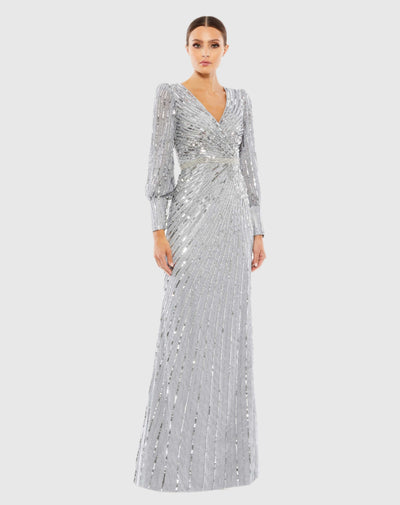 Sequined Wrap Over Bishop Sleeve Gown – Mac Duggal