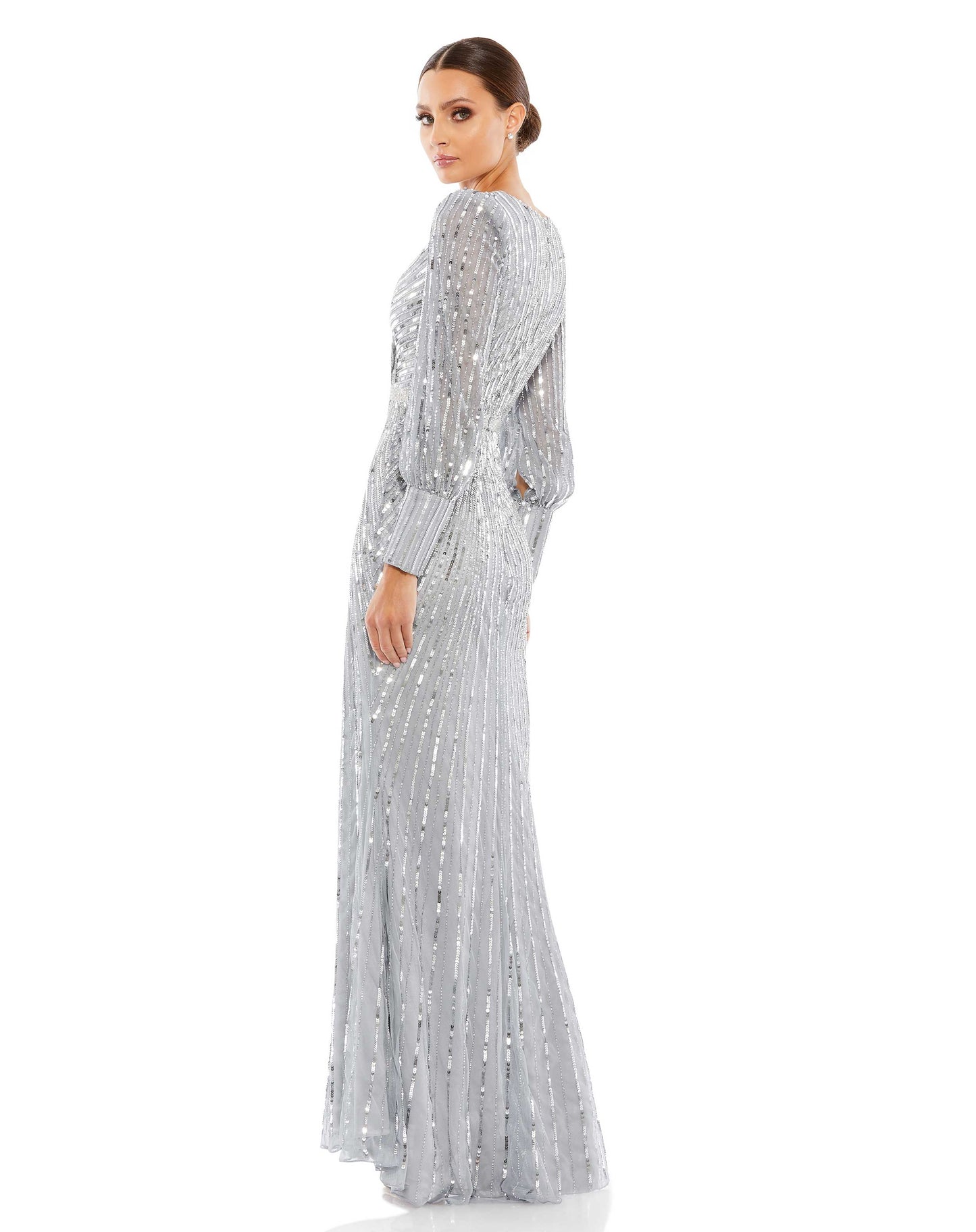 Sequined Wrap Over Bishop Sleeve Gown