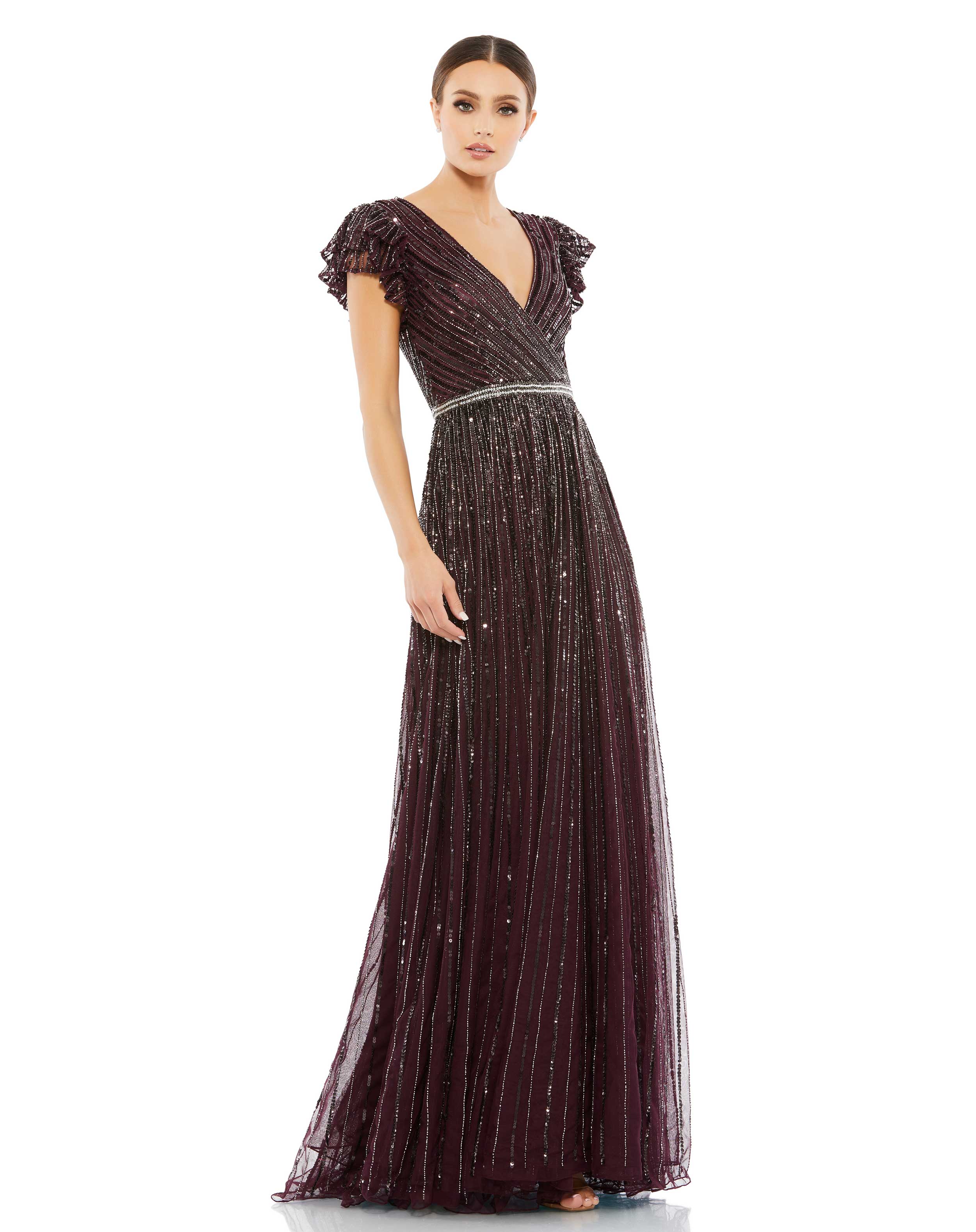 Sequined Wrap Over Ruffled Cap Sleeve Gown