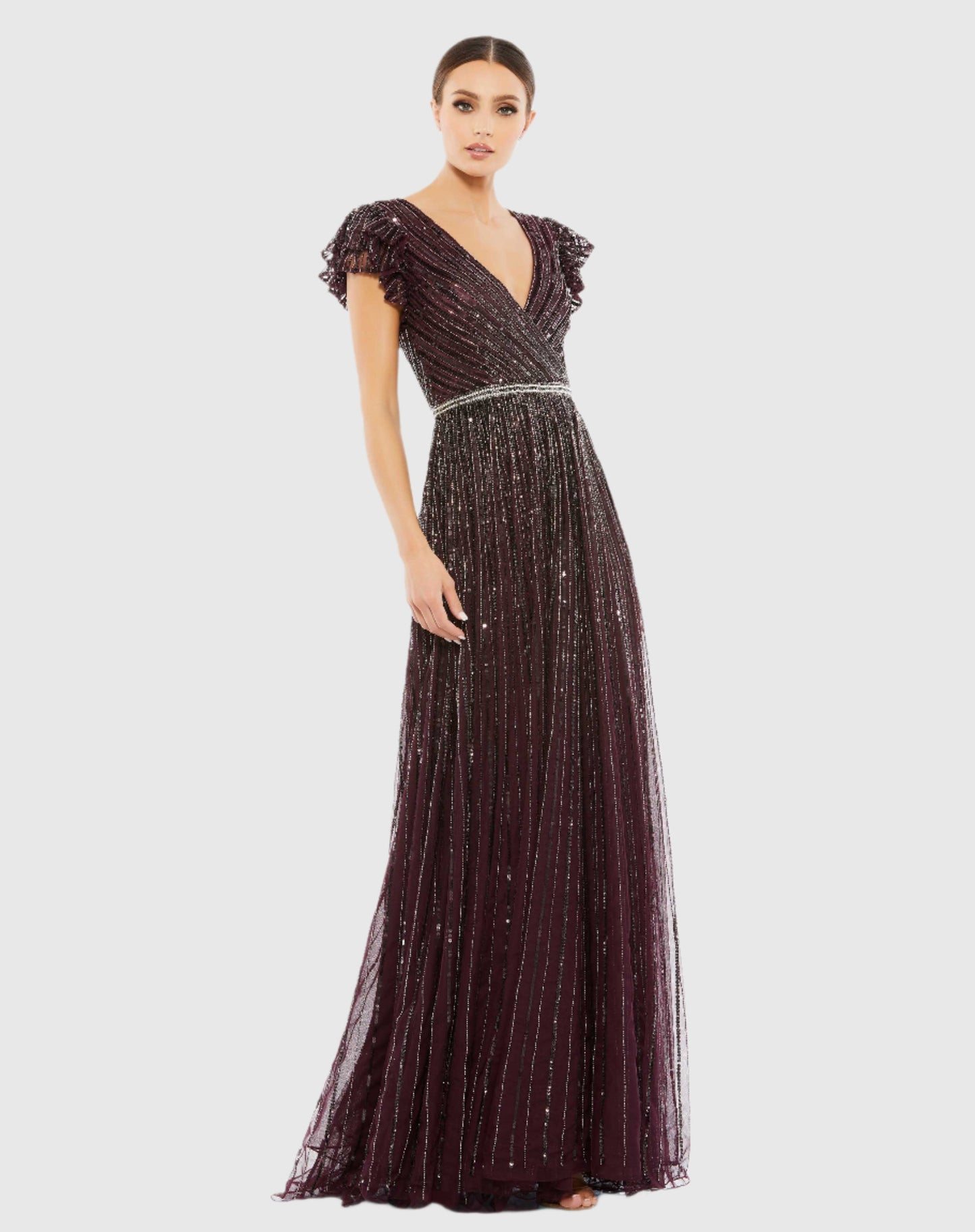 Sequined Wrap Over Ruffled Cap Sleeve Gown