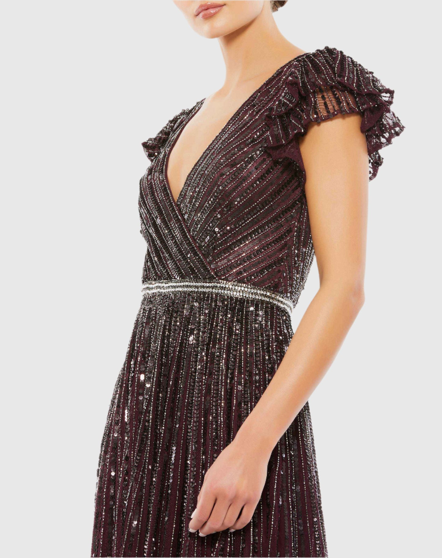 Sequined Wrap Over Ruffled Cap Sleeve Gown