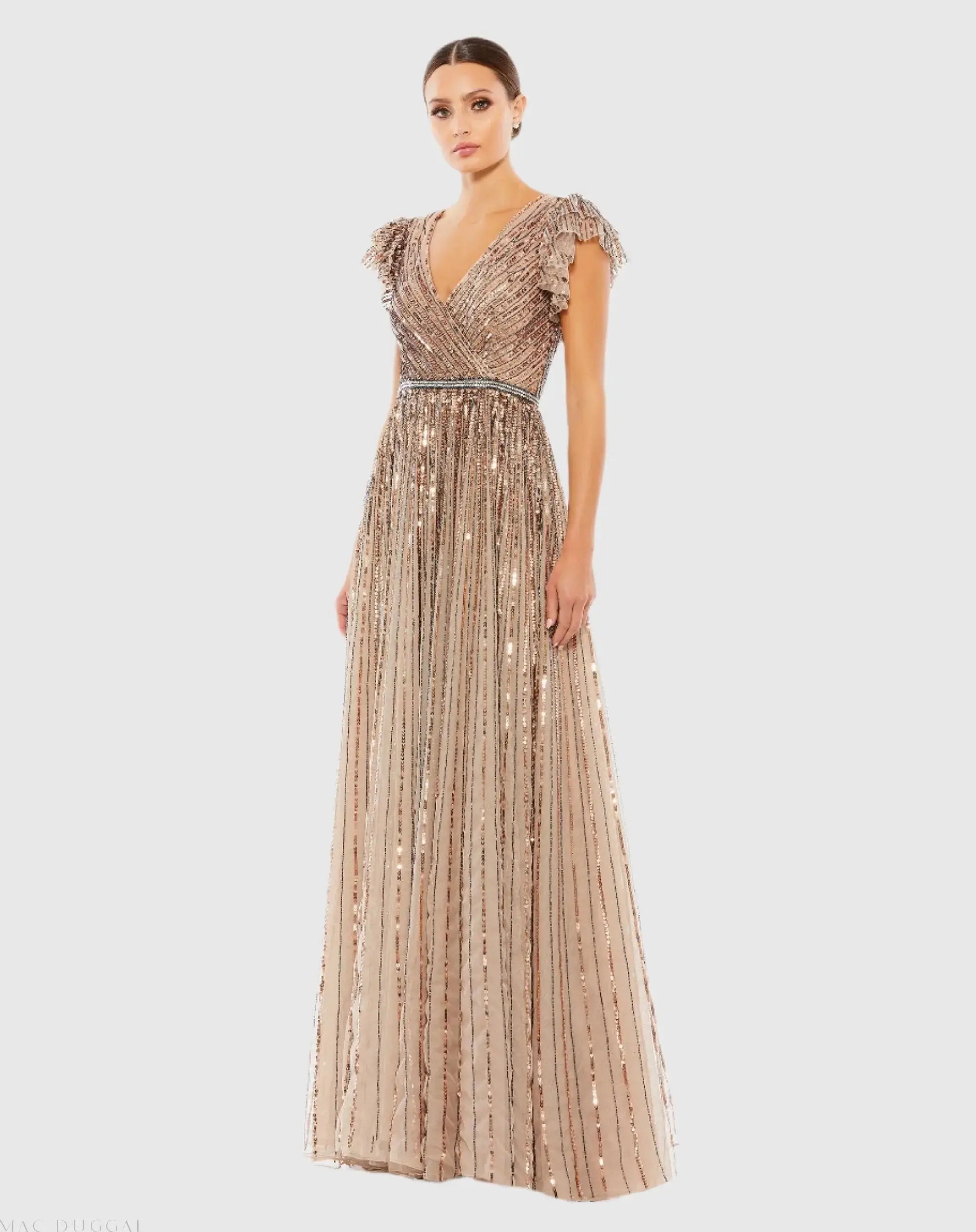 Beige Sequined Wrap Over Ruffled Cap Sleeve Gown - Mac Duggal