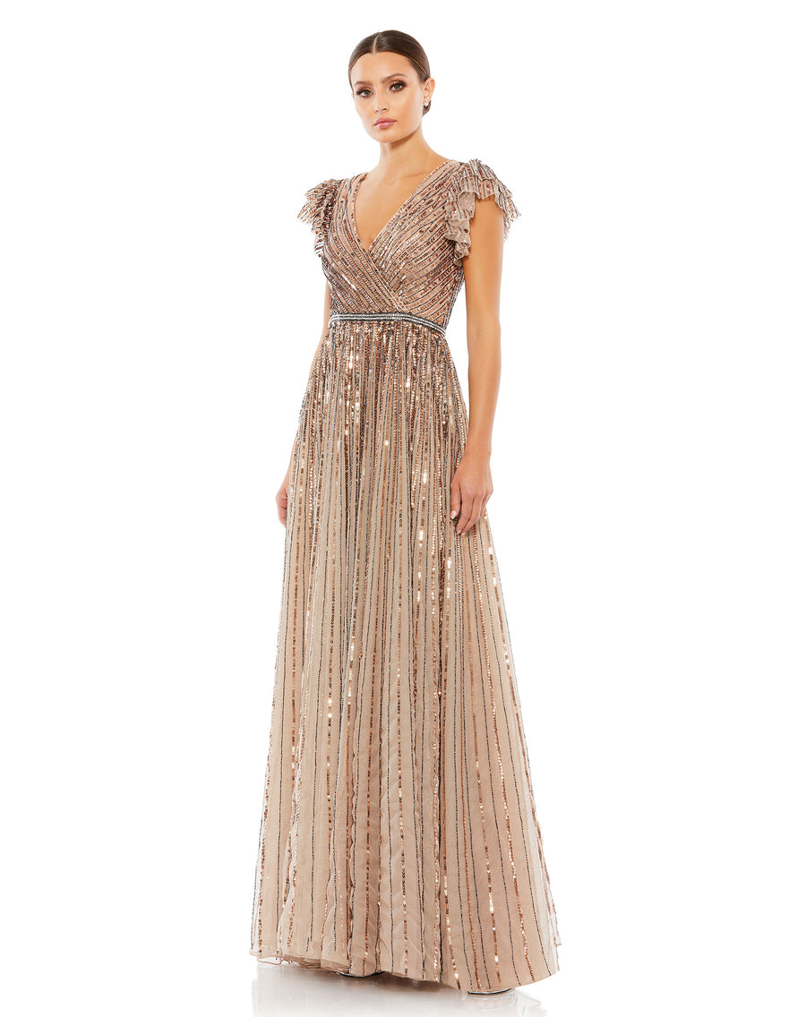 Sequined Wrap Over Ruffled Cap Sleeve Gown – Mac Duggal