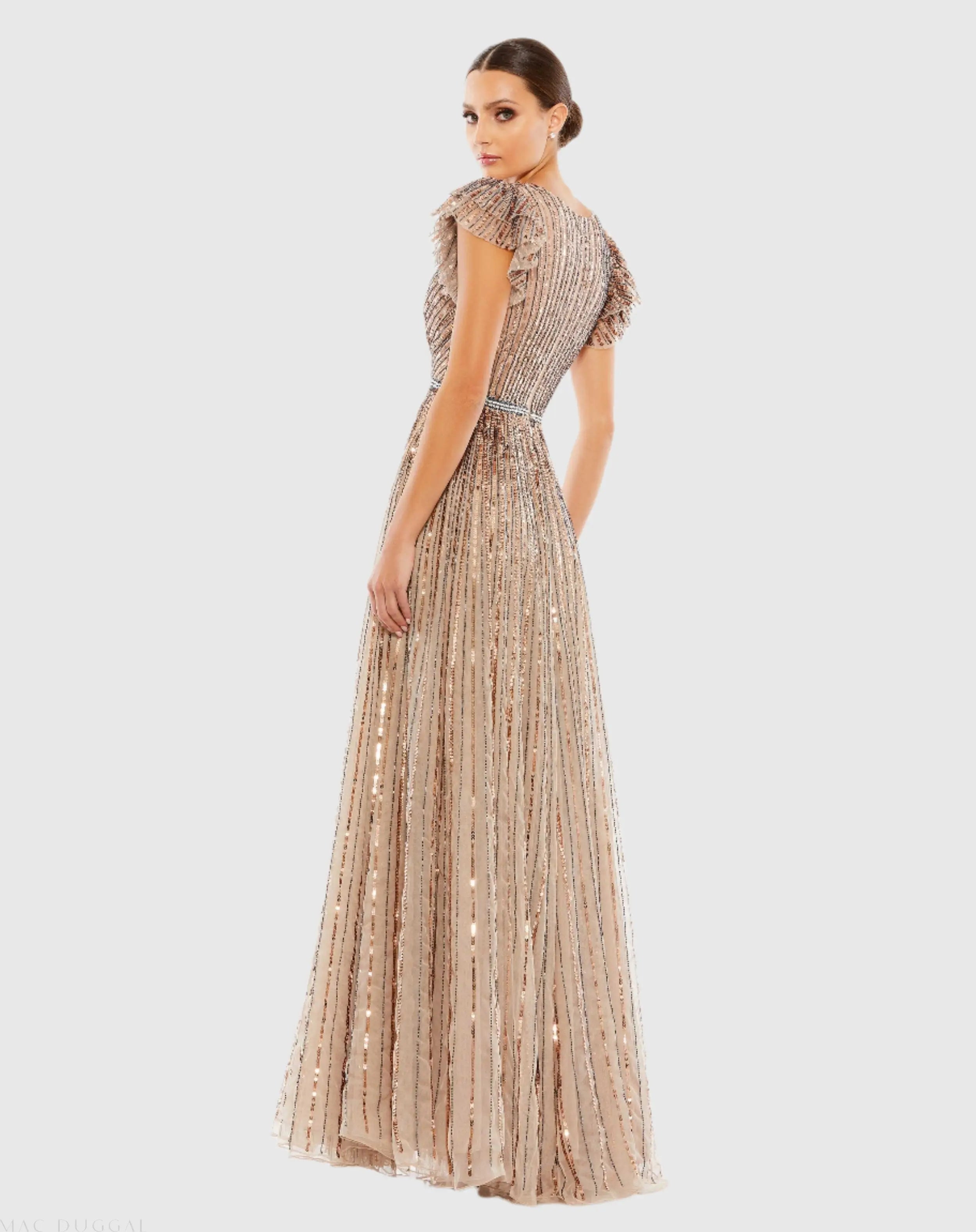 Beige Sequined Wrap Over Ruffled Cap Sleeve Gown - Mac Duggal