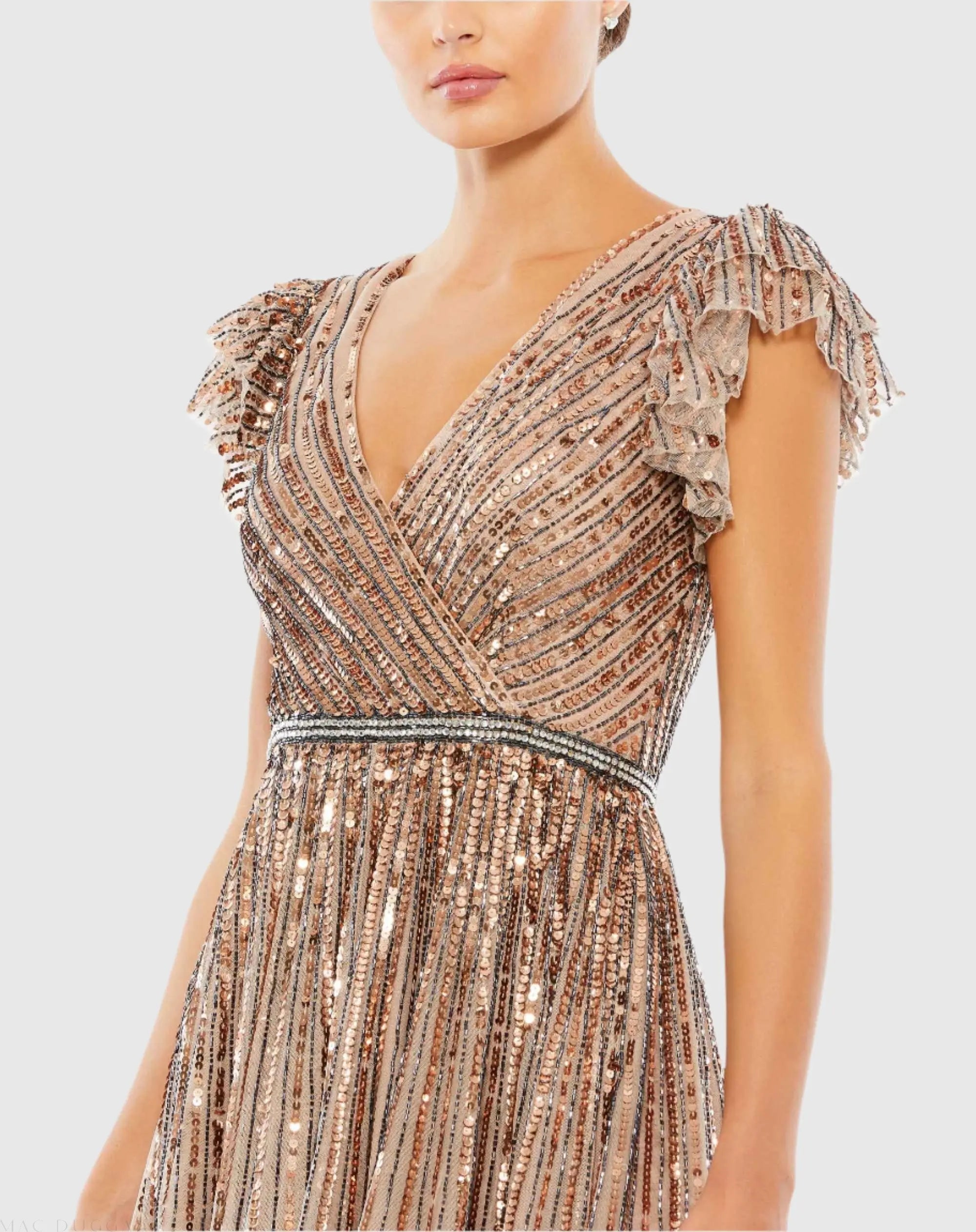 Beige Sequined Wrap Over Ruffled Cap Sleeve Gown - Mac Duggal