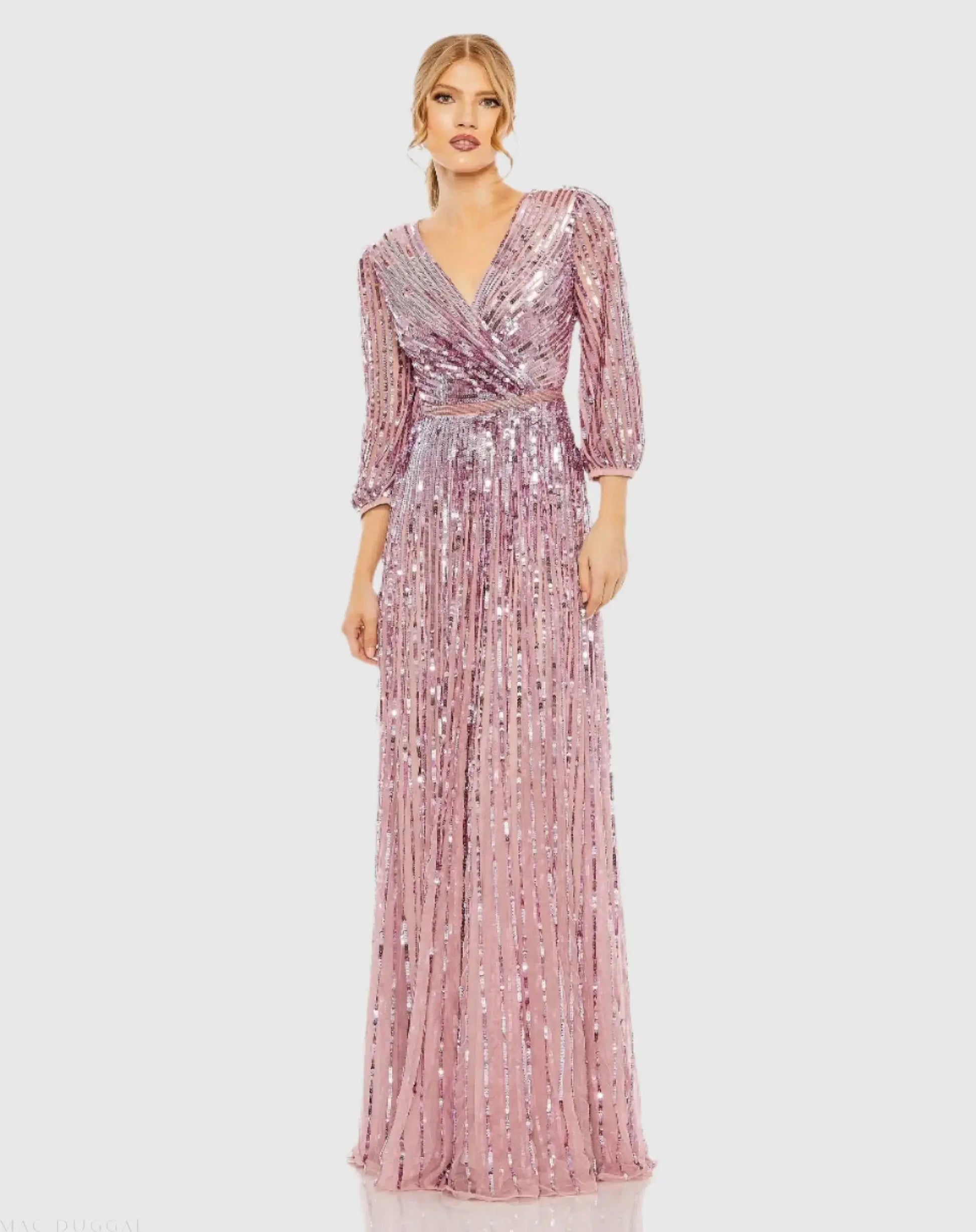 Purple Sequined Wrap Over 3/4 Sleeve Gown - Mac Duggal Purple Sequined Wrap Over 3/4 Sleeve Gown - Mac Duggal