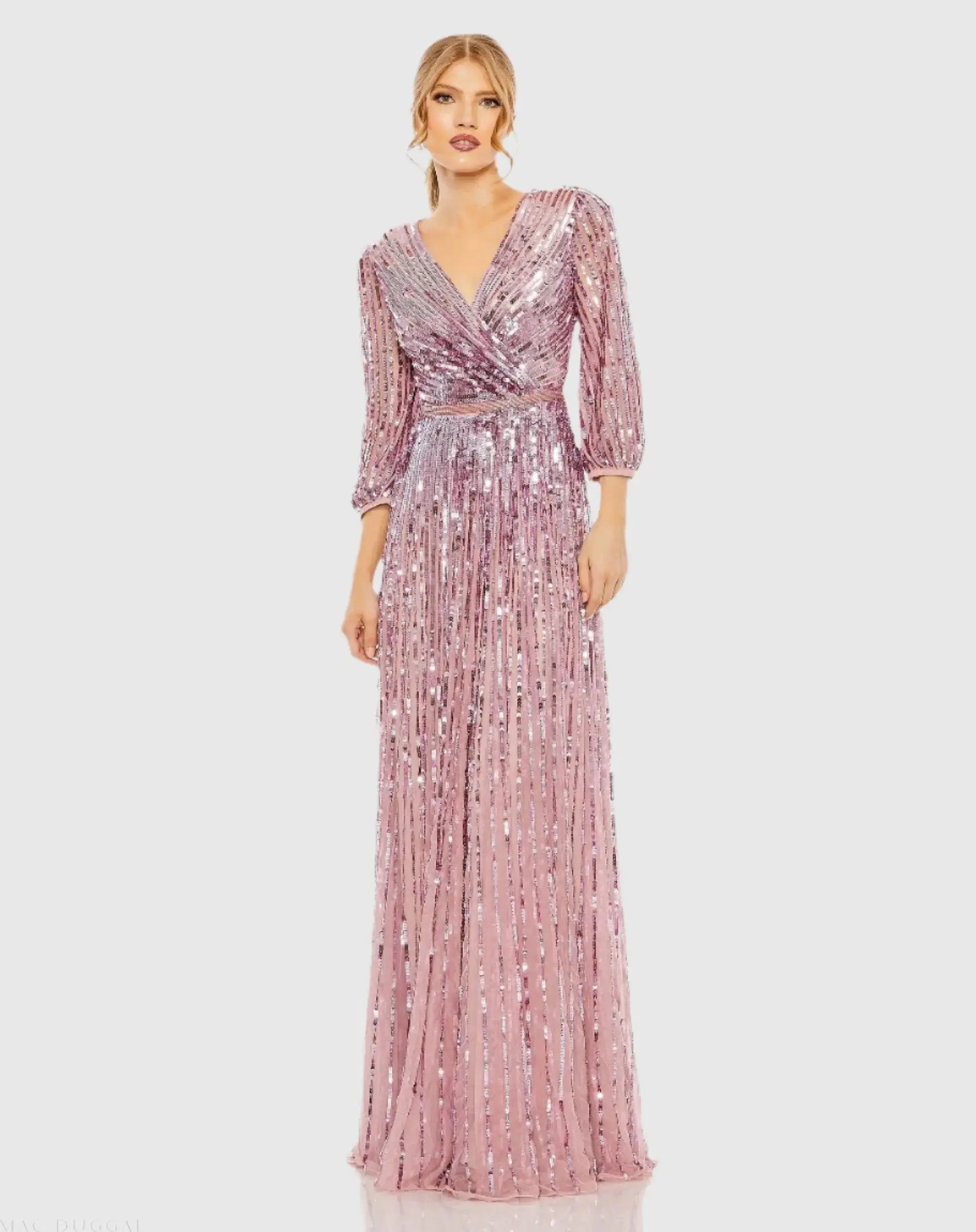Purple Sequined Wrap Over 3/4 Sleeve Gown - Mac Duggal