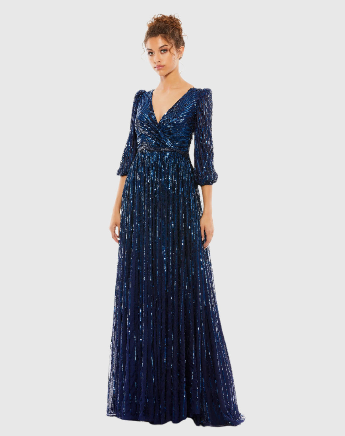 Sequined Wrap Over 3/4 Sleeve Gown