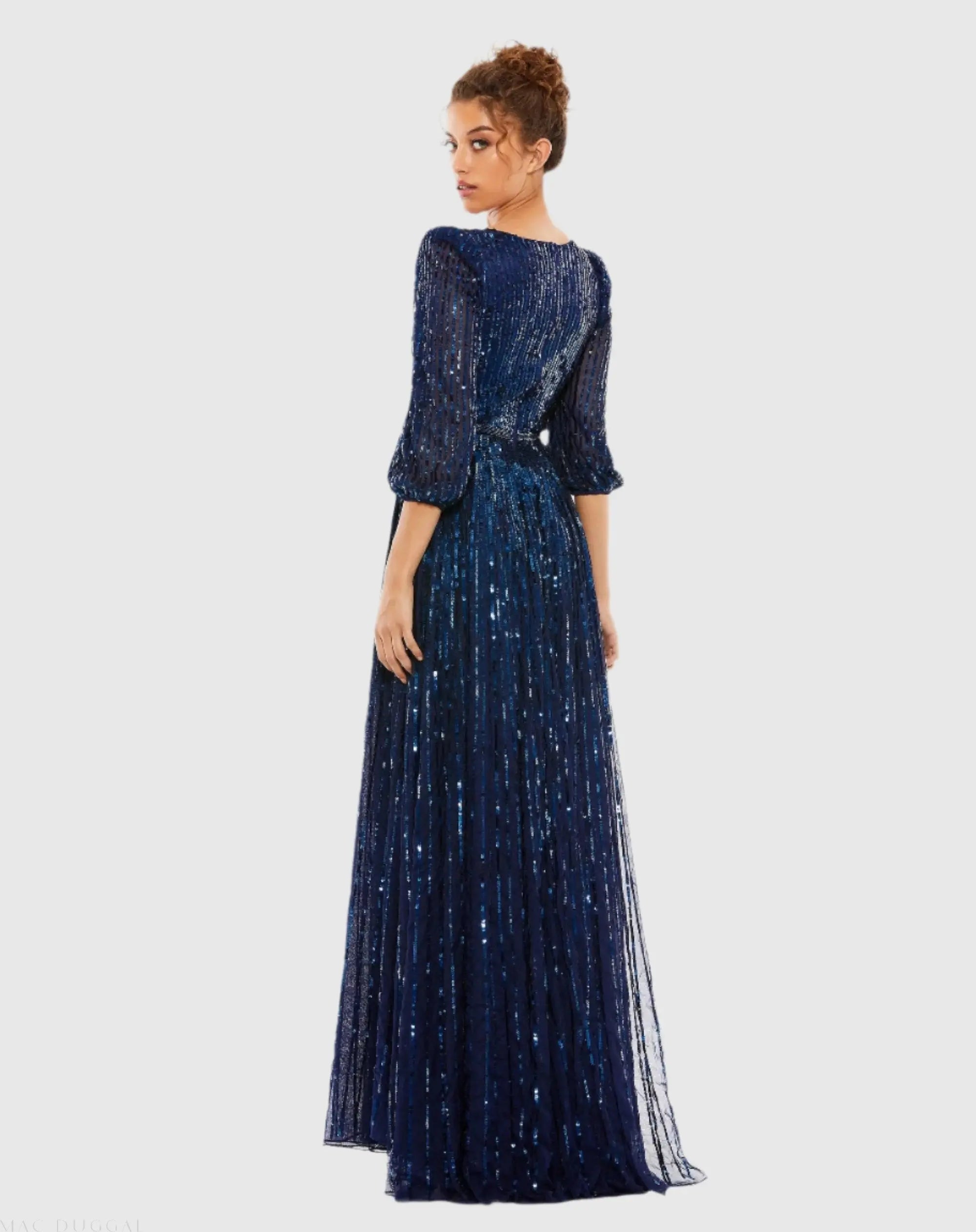 Dark Blue Sequined Wrap Over 3/4 Sleeve Gown - Mac Duggal