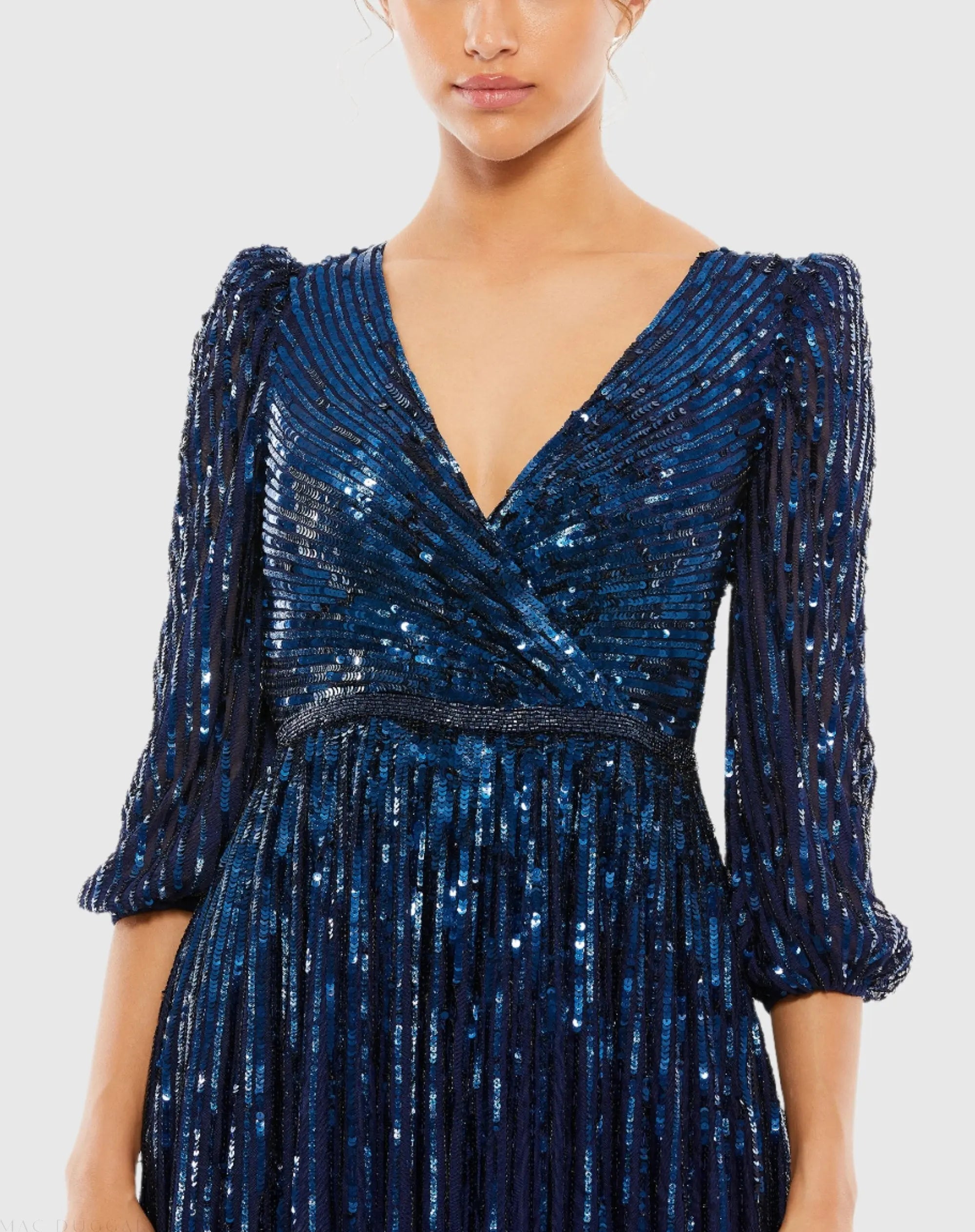 Dark Blue Sequined Wrap Over 3/4 Sleeve Gown - Mac Duggal