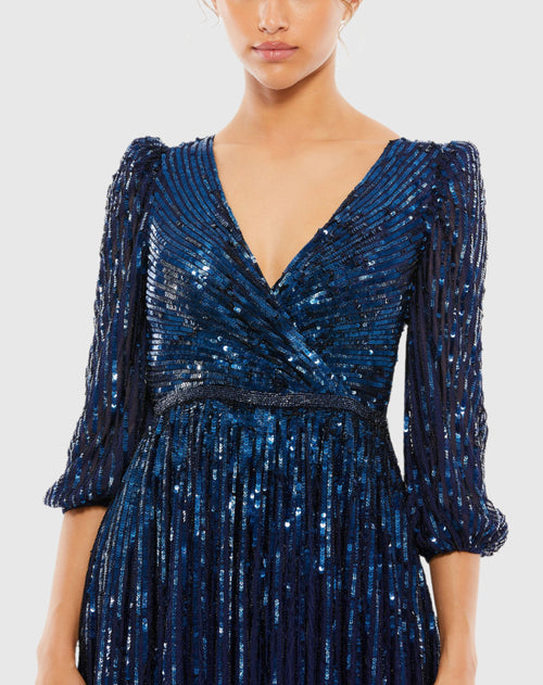 Sequined Wrap Over 3/4 Sleeve Gown