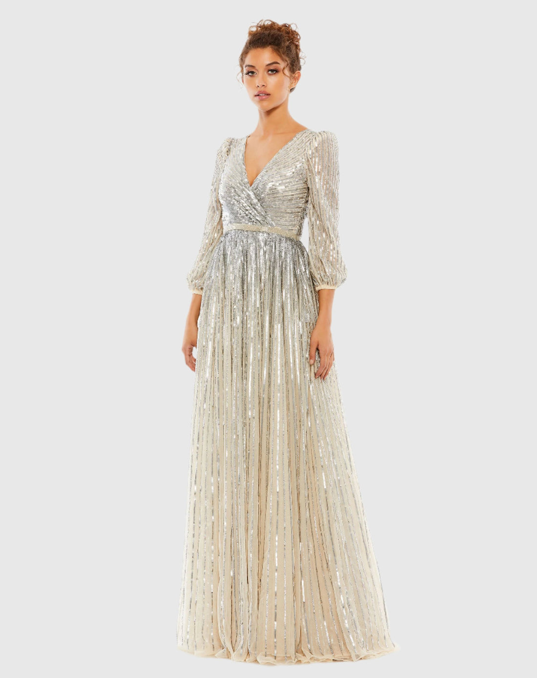 Sequined Wrap Over 3/4 Sleeve Gown