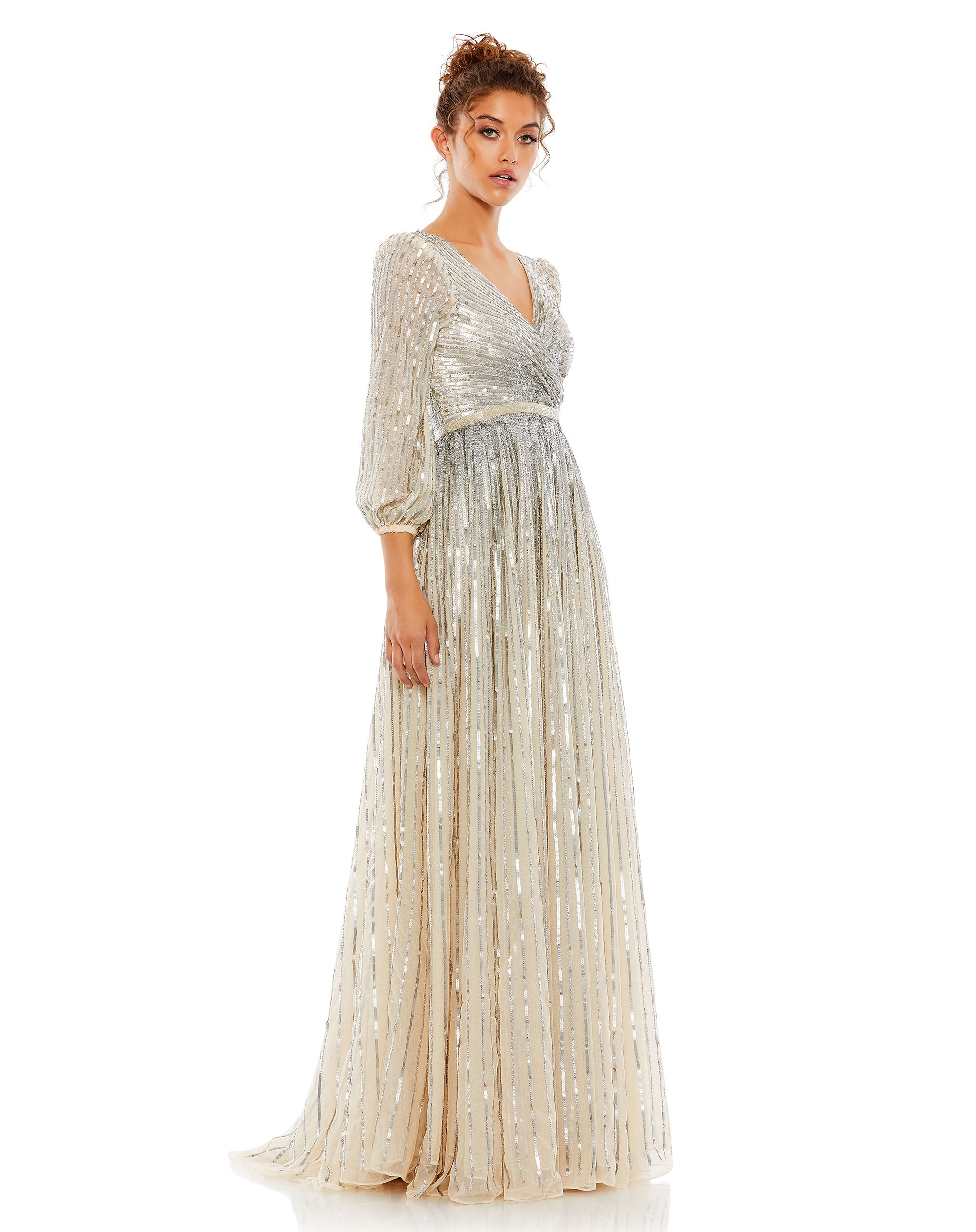 Sequined Wrap Over 3/4 Sleeve Gown