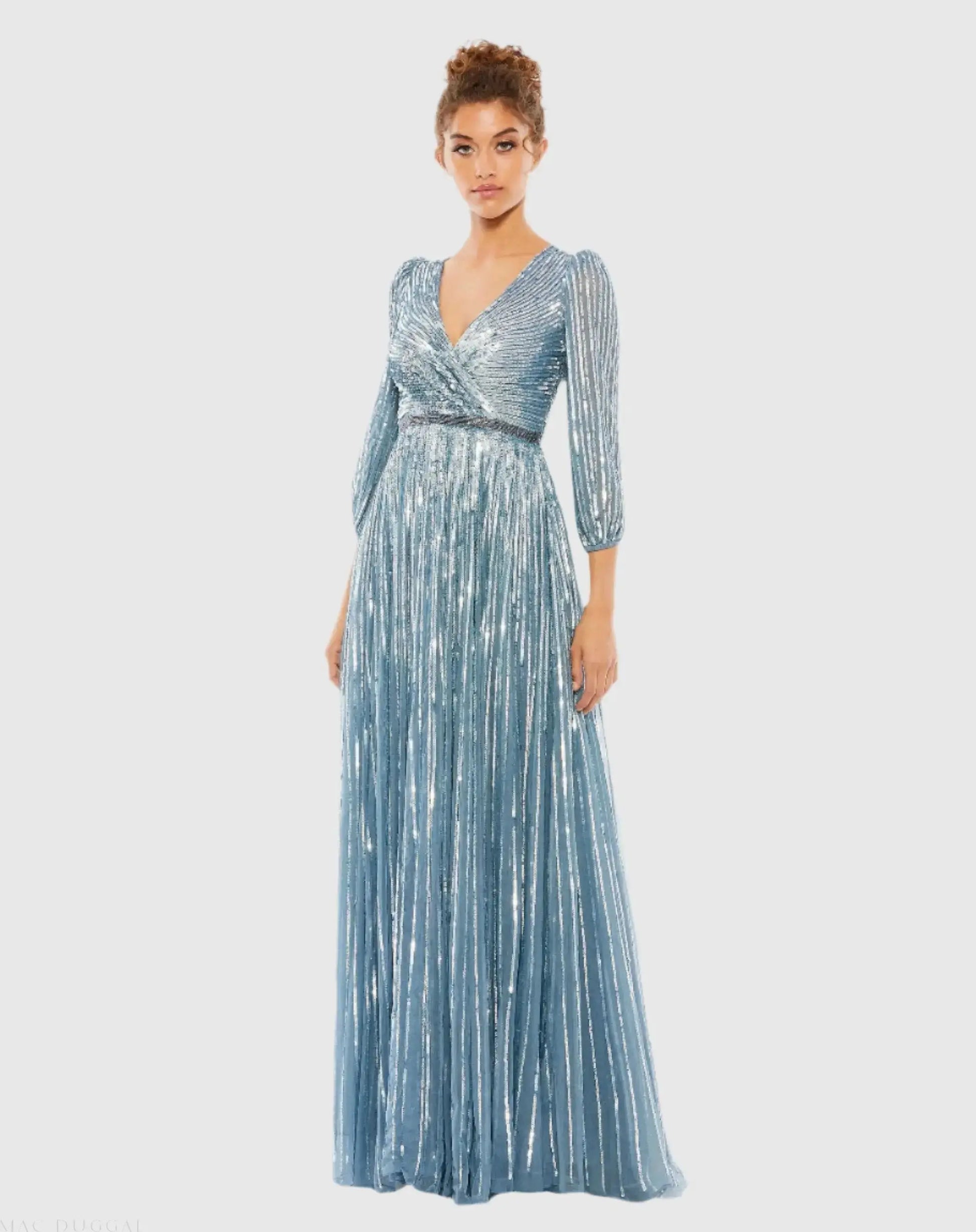Sequined Wrap Over 3/4 Sleeve Gown - Mac Duggal Sequined Wrap Over 3/4 Sleeve Gown - Mac Duggal