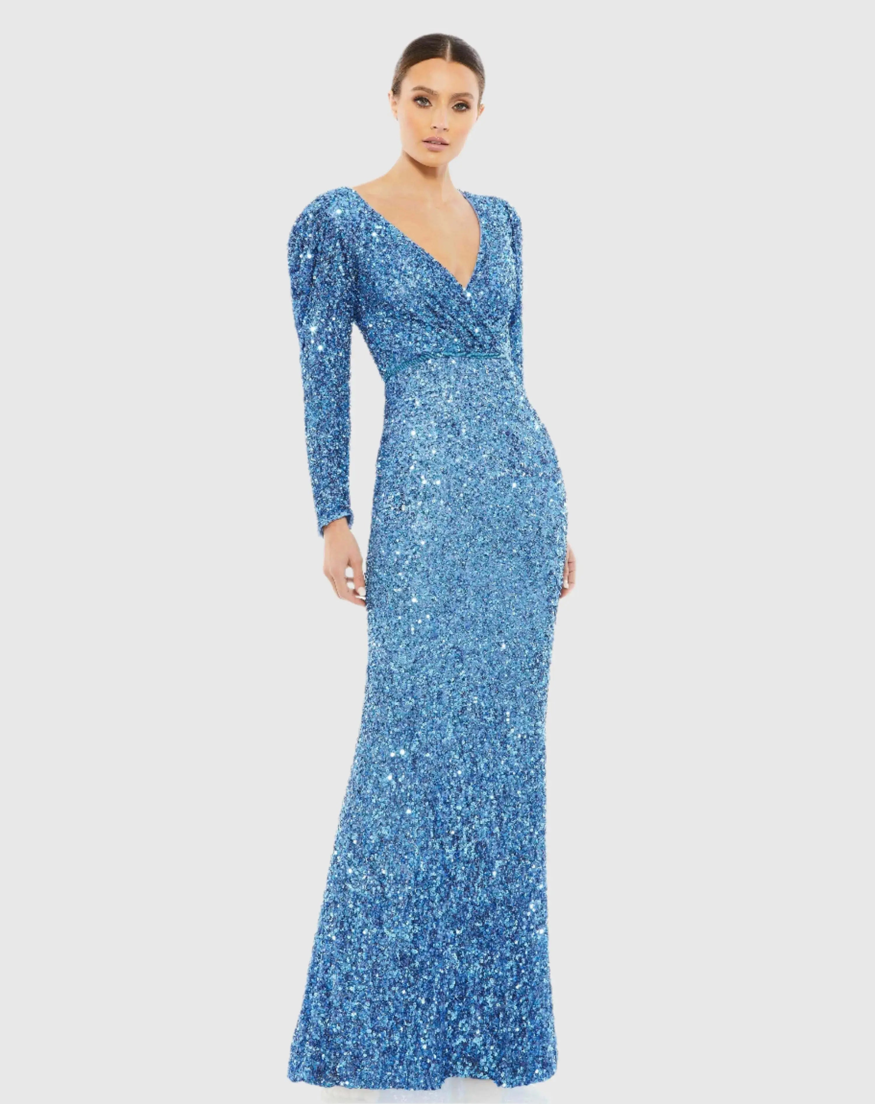 Blue Puff Shoulder Sequined Surplice Gown - Mac Duggal