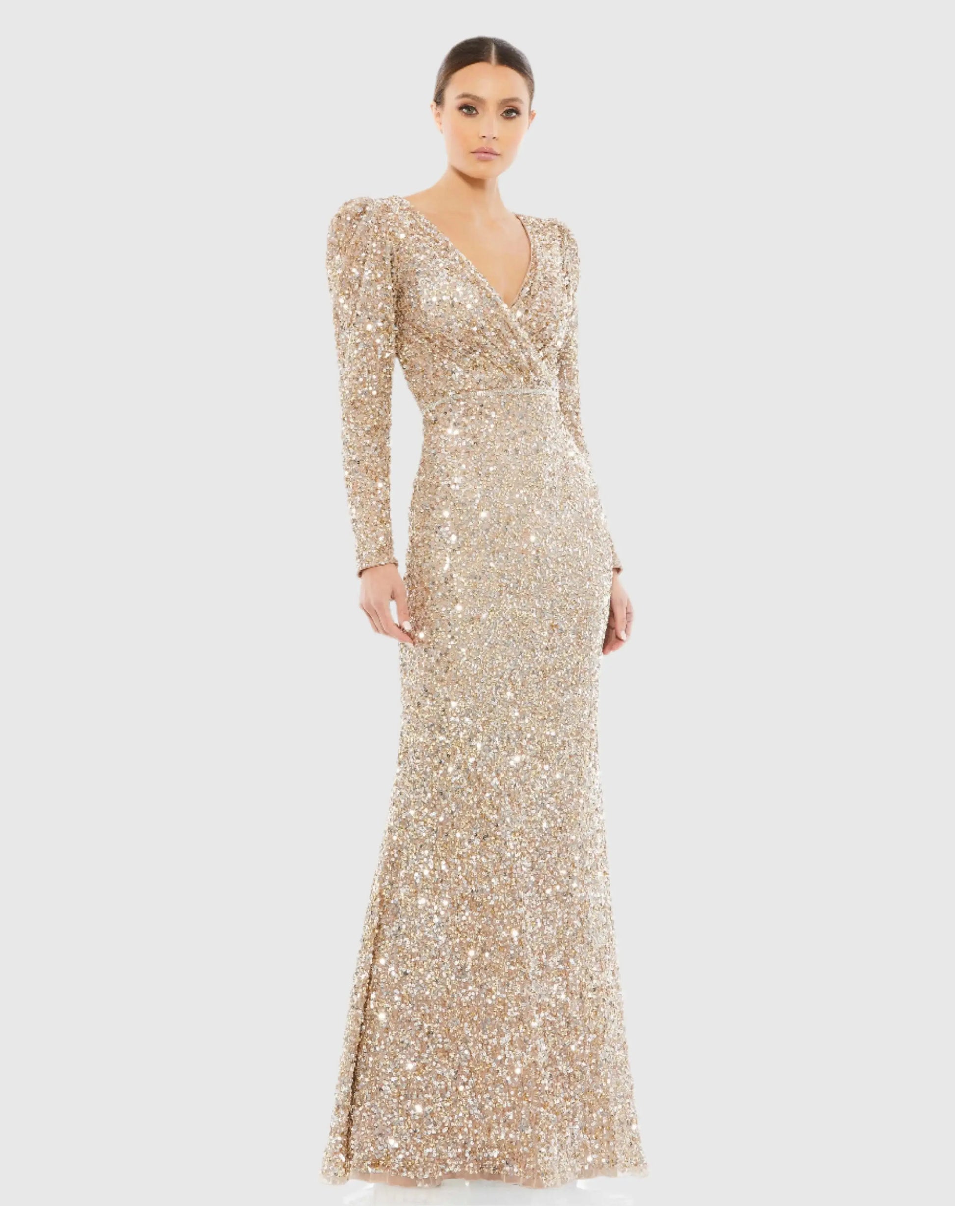 Gold Puff Shoulder Sequined Surplice Gown | Mac Duggal Gold Puff Shoulder Sequined Surplice Gown | Mac Duggal