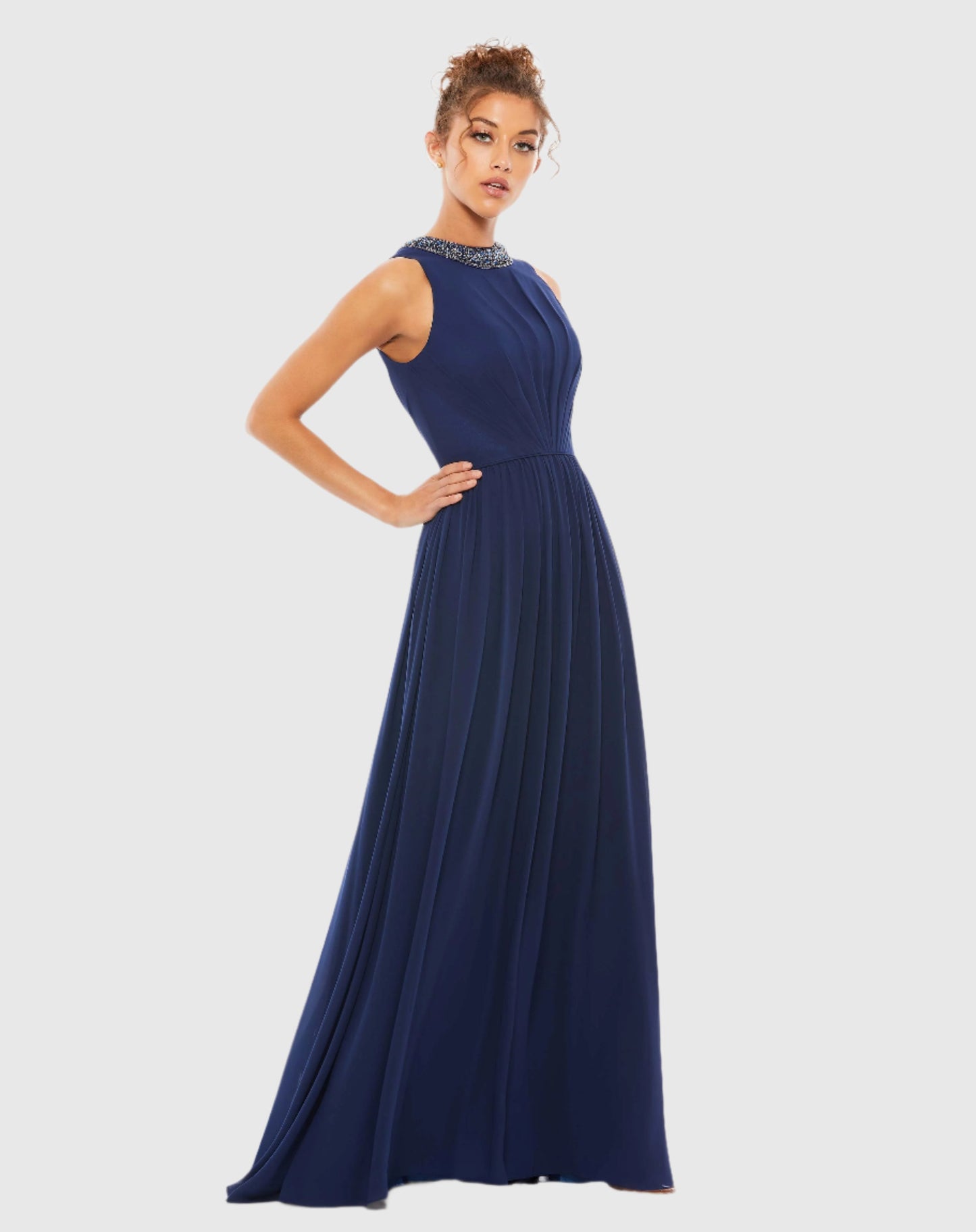 Bejeweled Neckline Pleated Chiffon Gown - Mac Duggal 