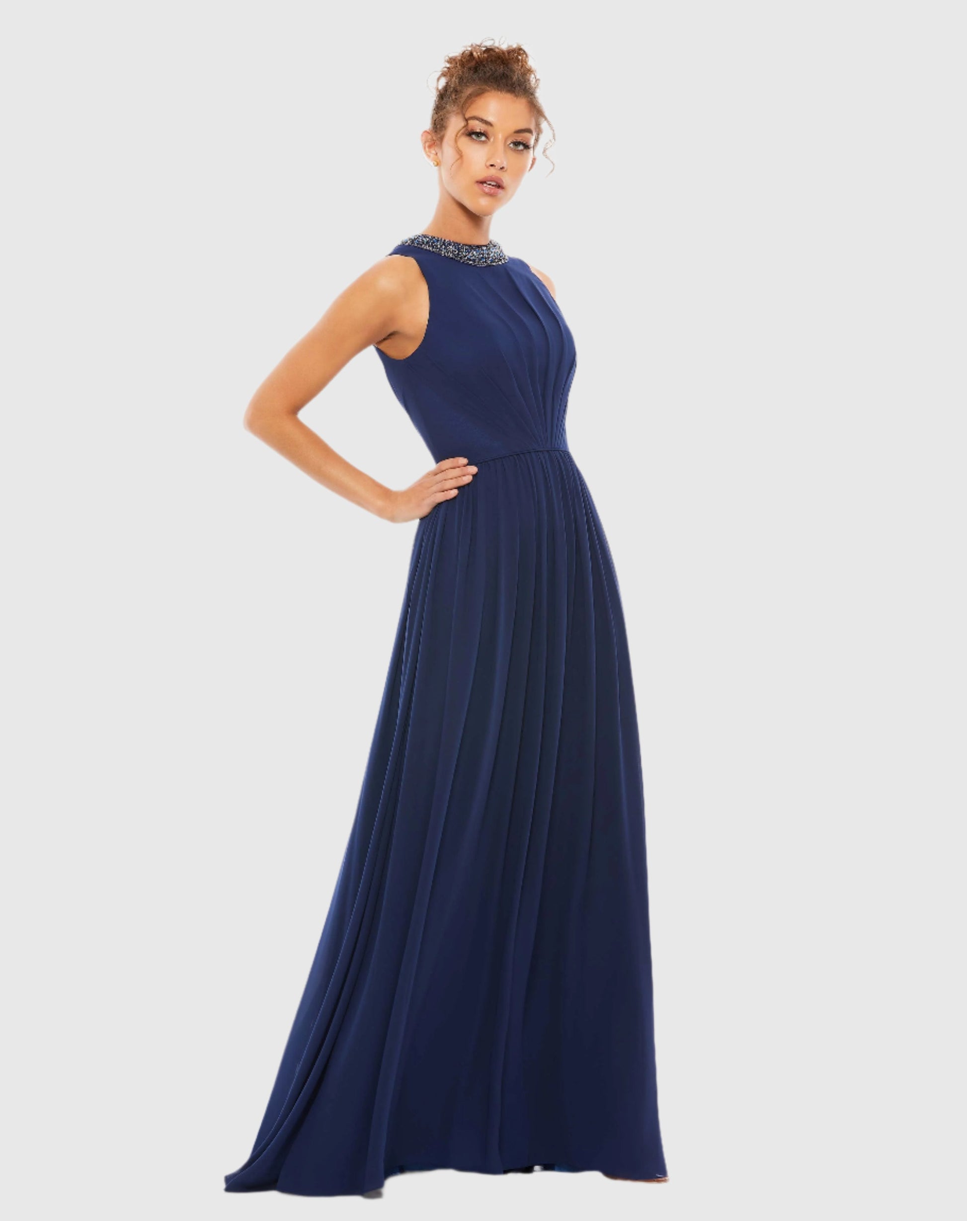Bejeweled Neckline Pleated Chiffon Gown - Mac Duggal 
