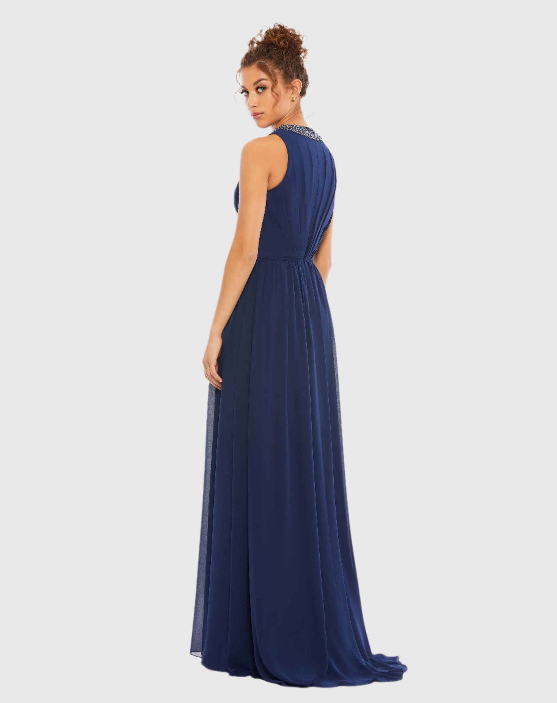 Bejeweled Neckline Pleated Chiffon Gown - Mac Duggal 