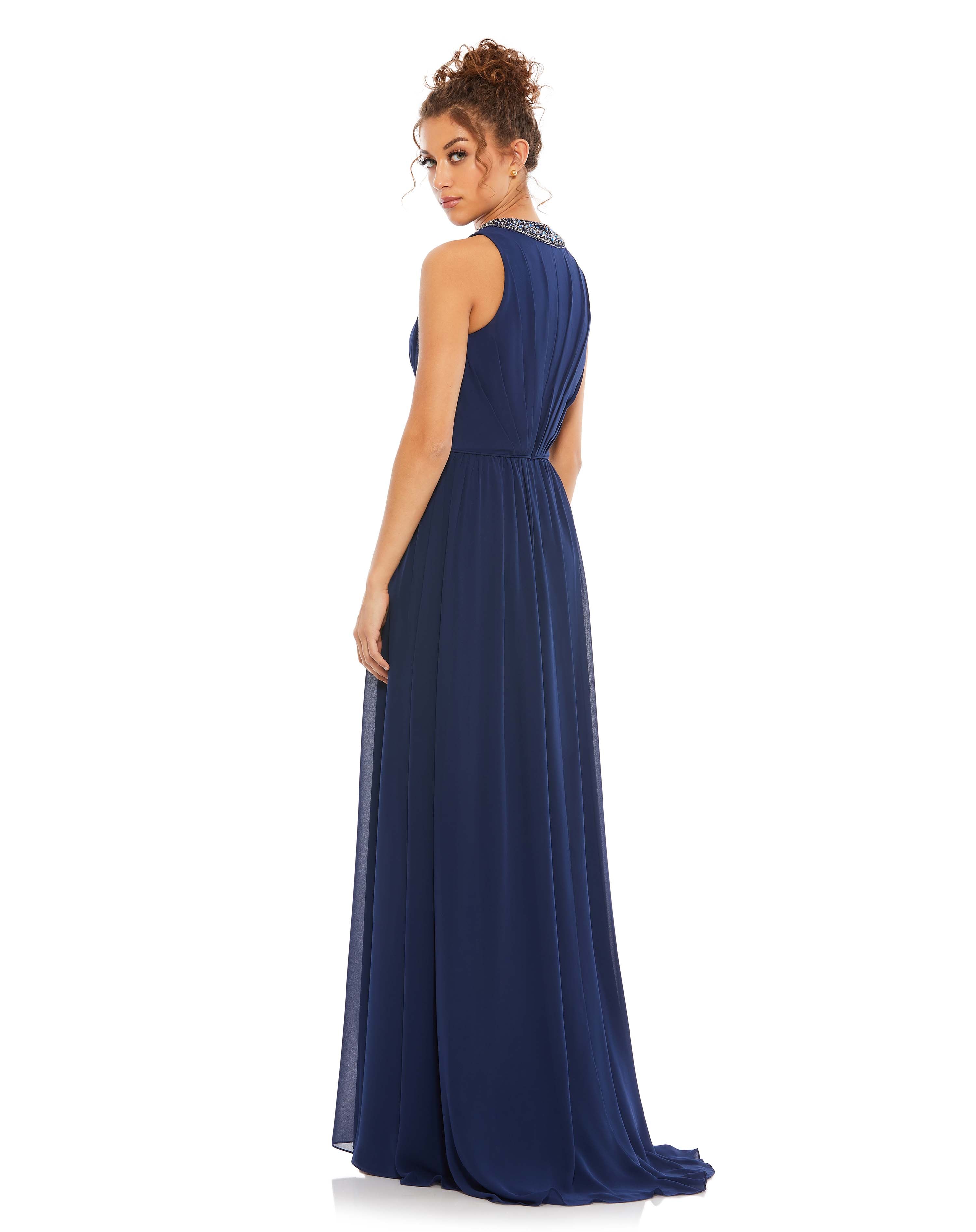 Bejeweled Neckline Pleated Chiffon Gown