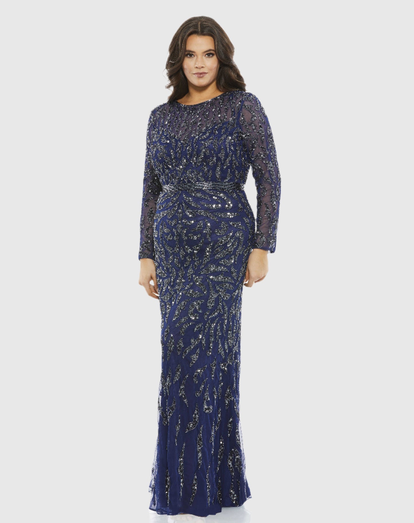 Embellished Illusion Sleeve Column Gown