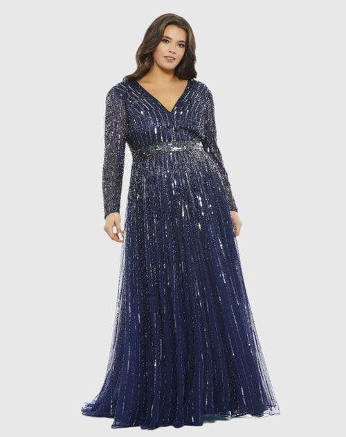 Embellished Illusion Long Sleeve V Neck A Line Gown