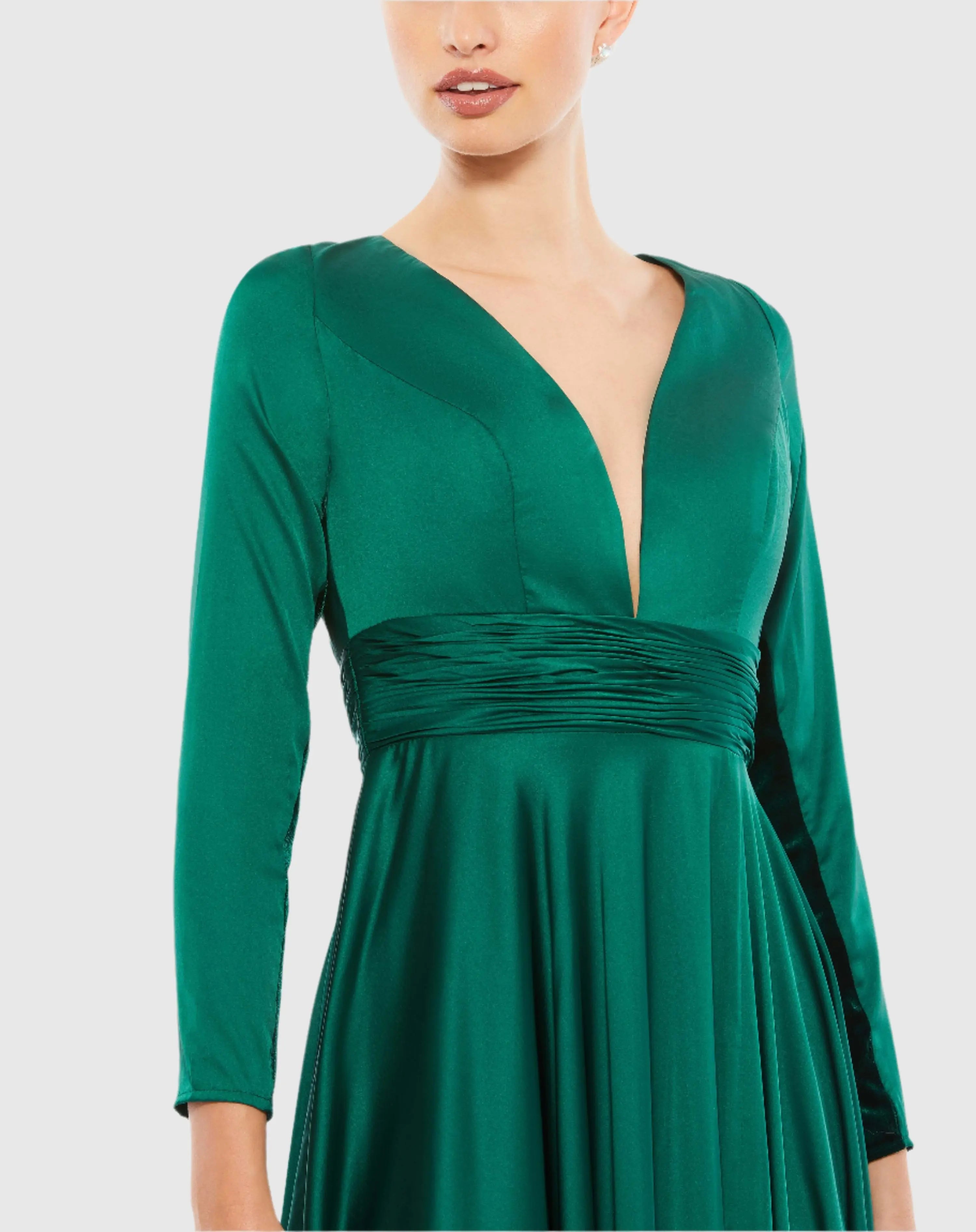 Green Long Sleeve Ruched Waist A-Line Gown - Ieena for Mac Duggal
