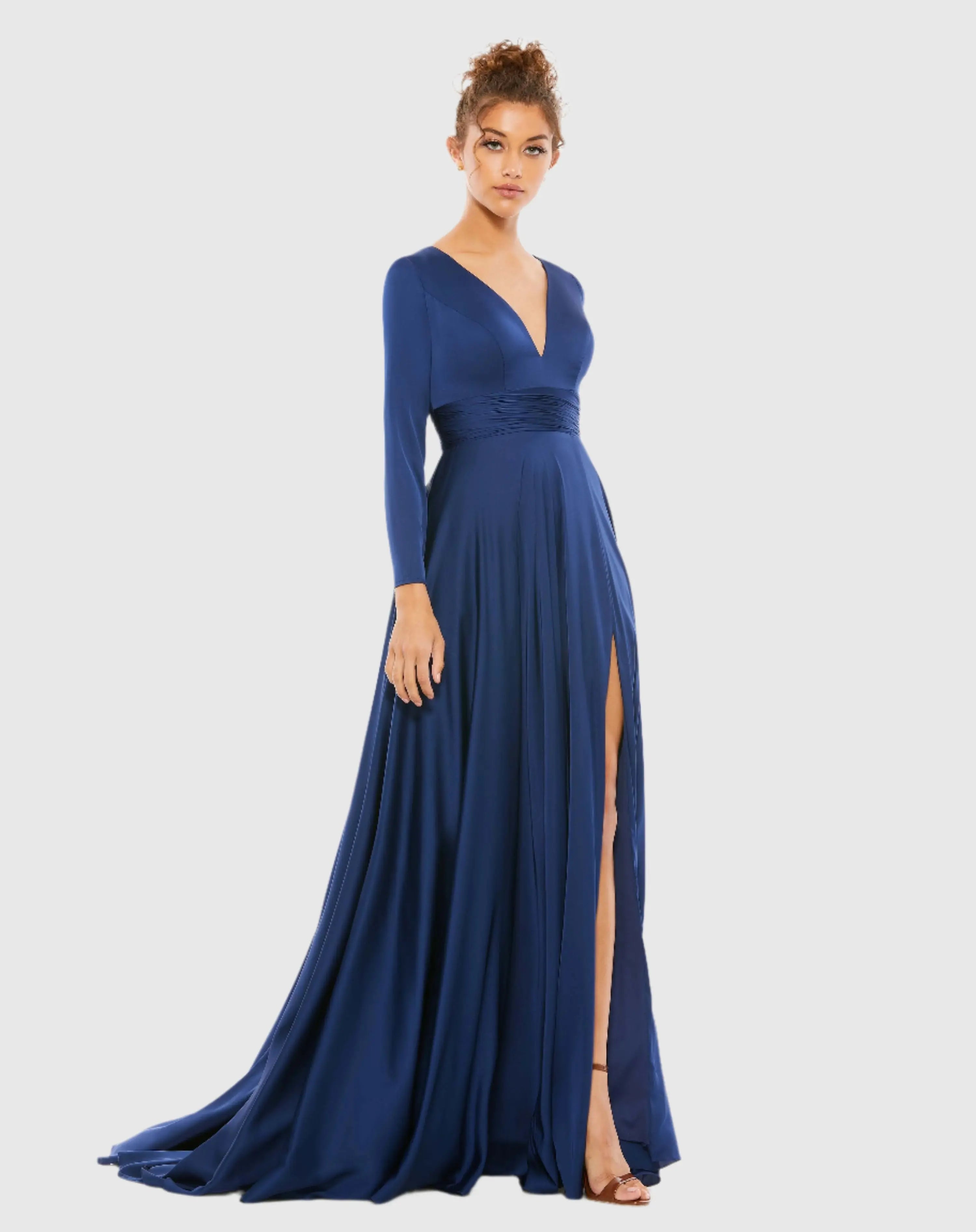 Navy Long Sleeve Ruched Waist A-Line Gown - Ieena for Mac Duggal