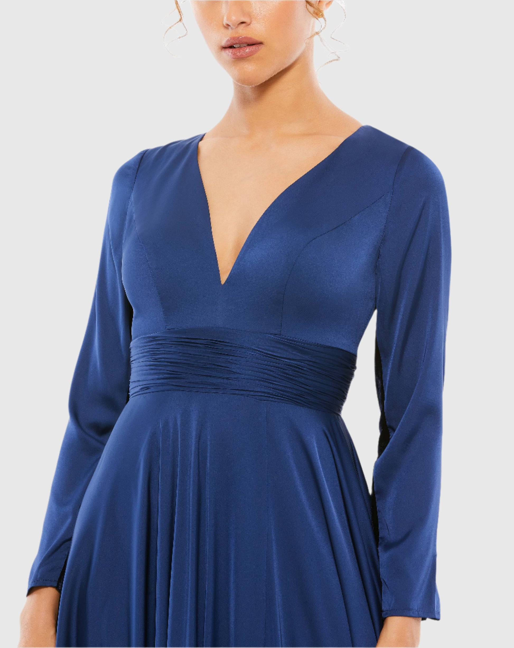 Navy Long Sleeve Ruched Waist A-Line Gown - Mac Duggal Navy Long Sleeve Ruched Waist A-Line Gown - Mac Duggal