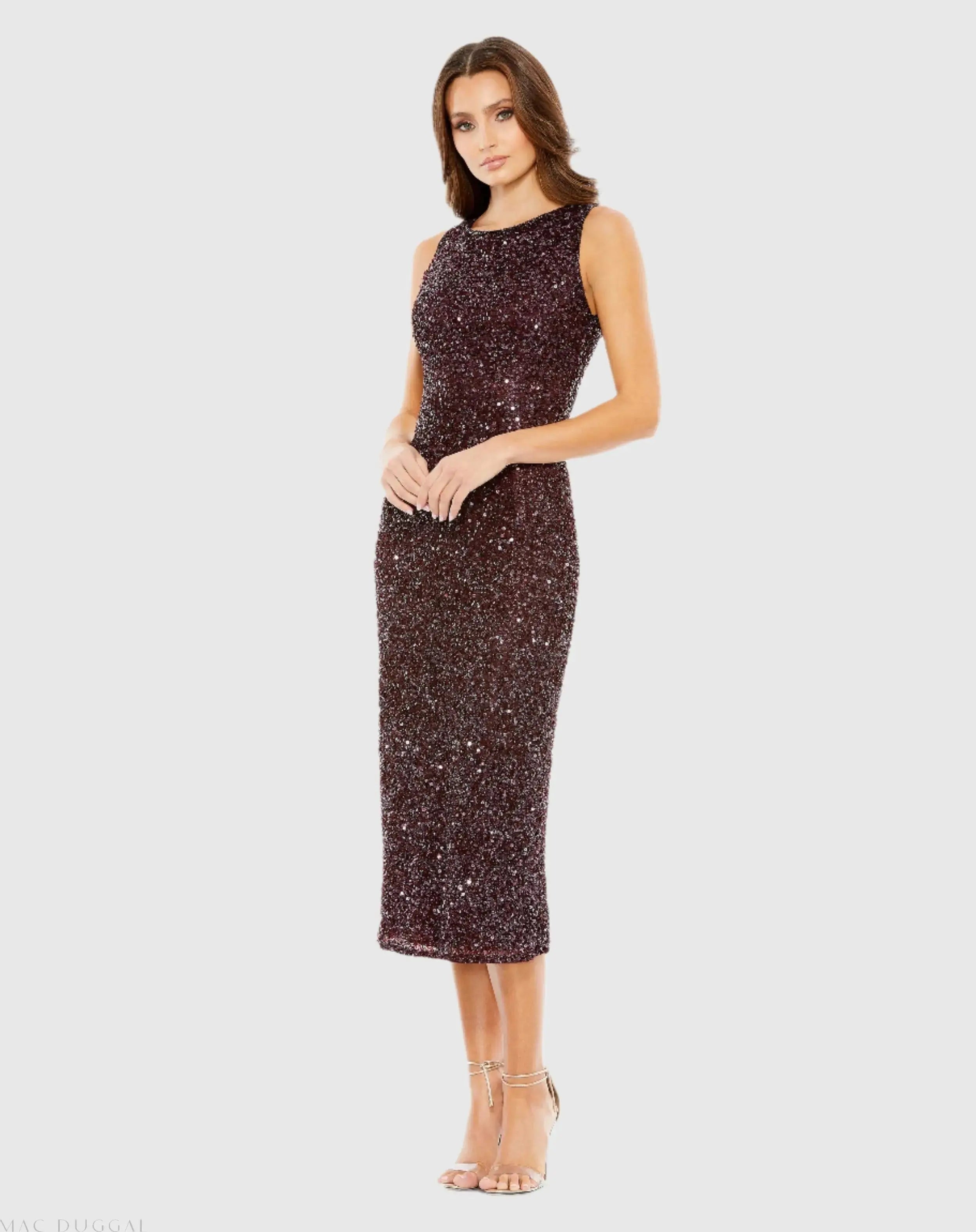 Red Sleeveless Sequined Midi Sheath Dress - Mac Duggal