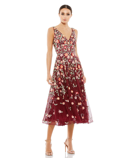 Deep V neck Embroidered Tea Length Dress – Mac Duggal