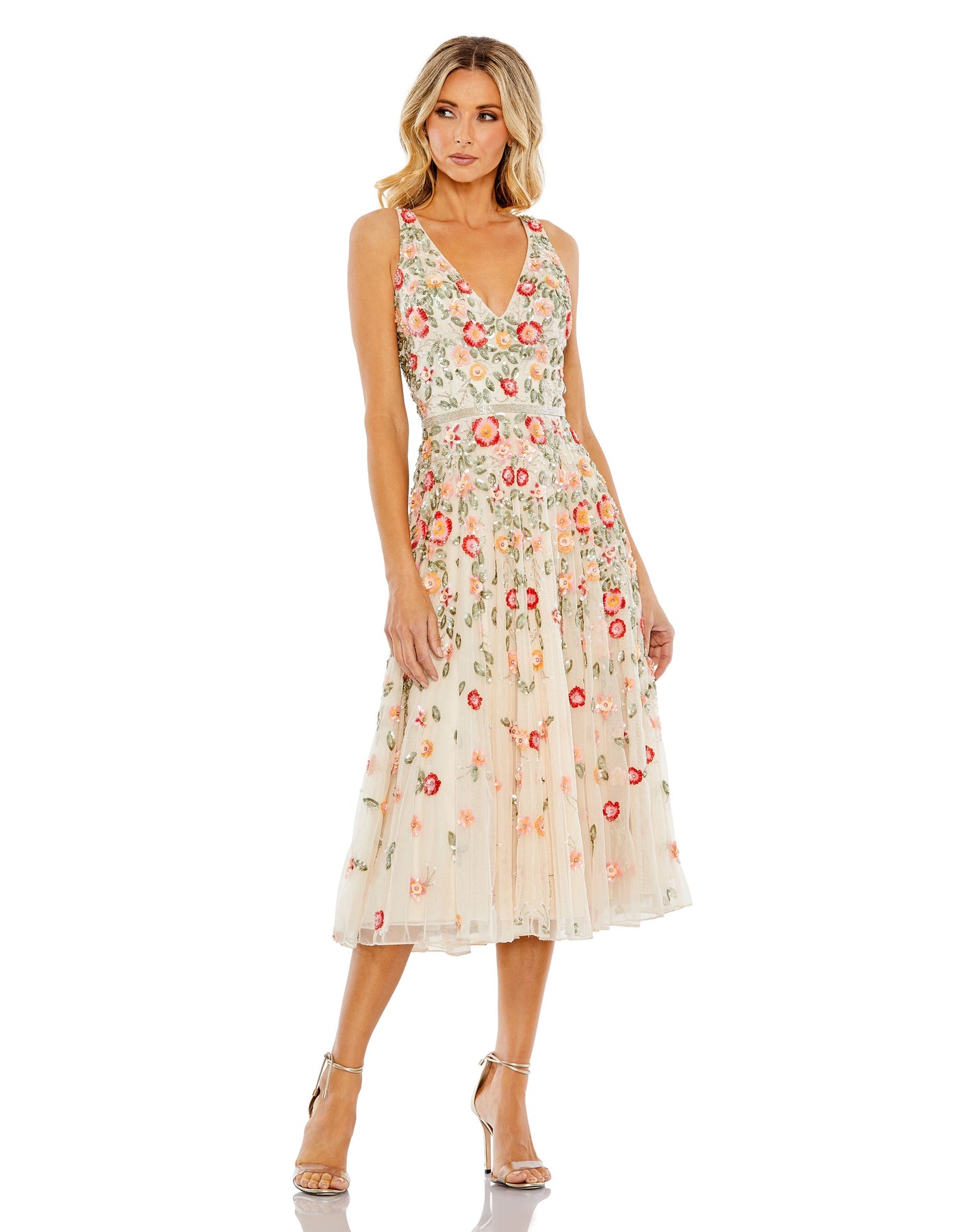 Deep V neck Embroidered Tea Length Dress – Mac Duggal