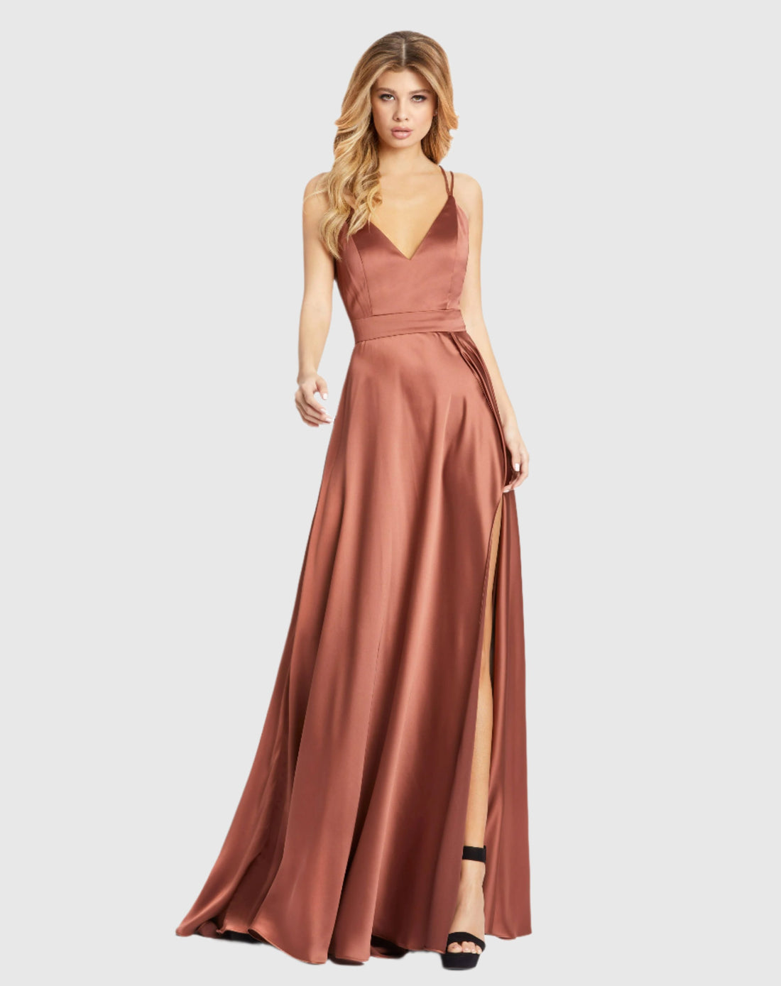 Satin Strappy-Back High Slit Gown